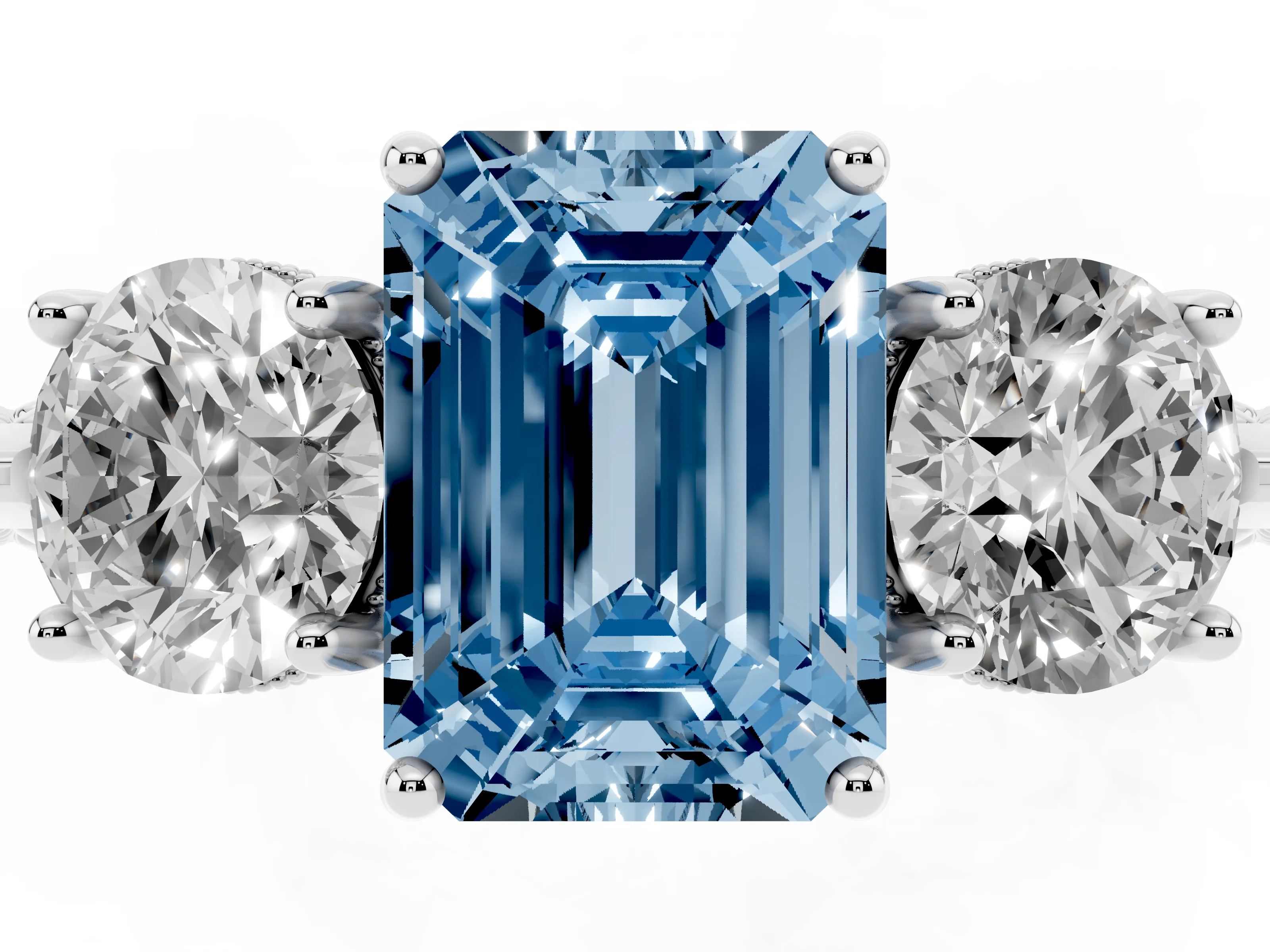 Fancy Blue Emerald Cut Diamond Three-Stone Ring Set in Silver with Milgrain Band