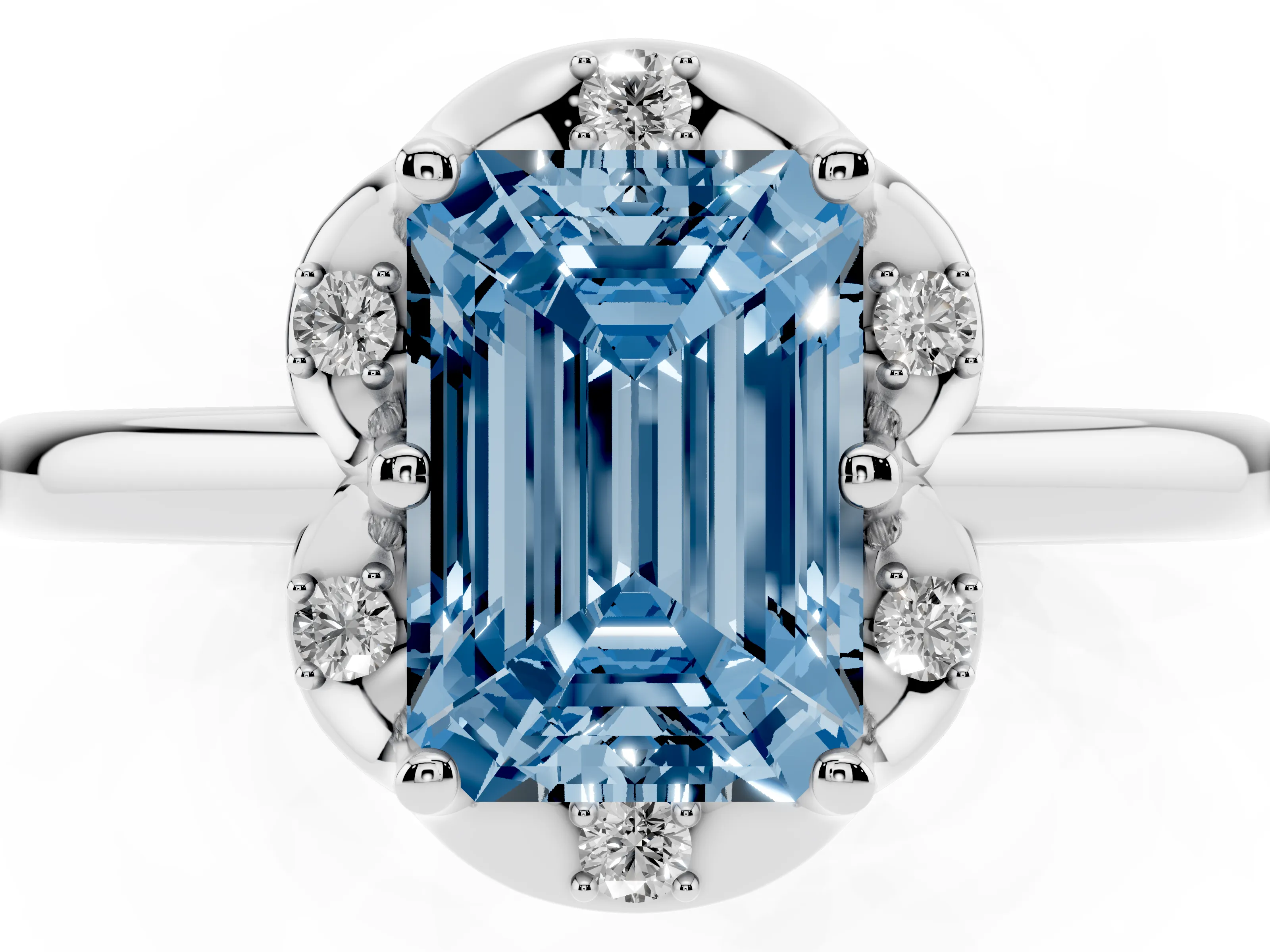 Fancy Blue Emerald Cut Diamond Round Cluster Halo Ring Set in Platinum with Solitaire Band and Prong Setting