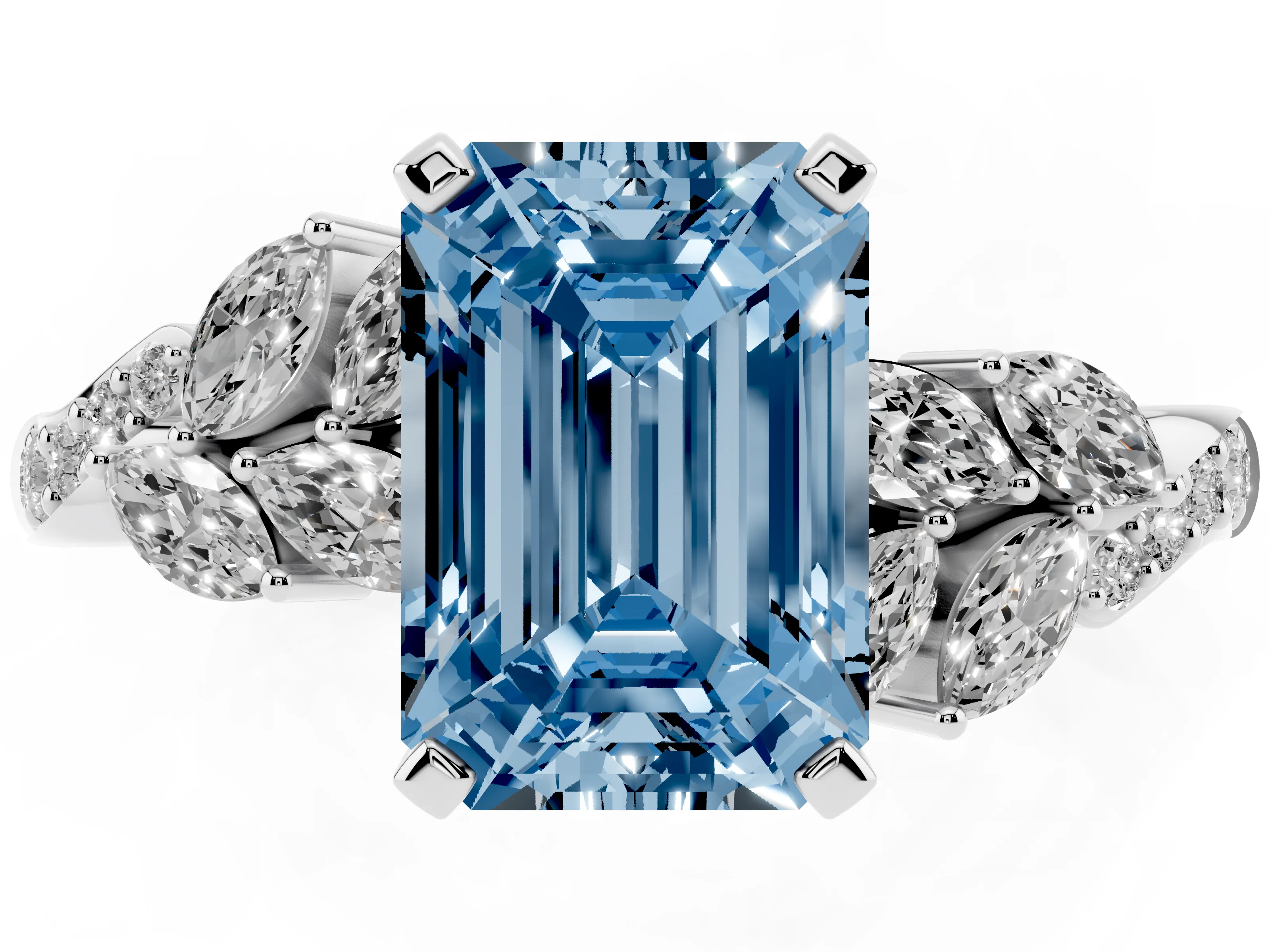 Fancy Blue Emerald Cut Diamond Solitaire Ring Set in Silver with Marquise Twist Band and Prong Setting