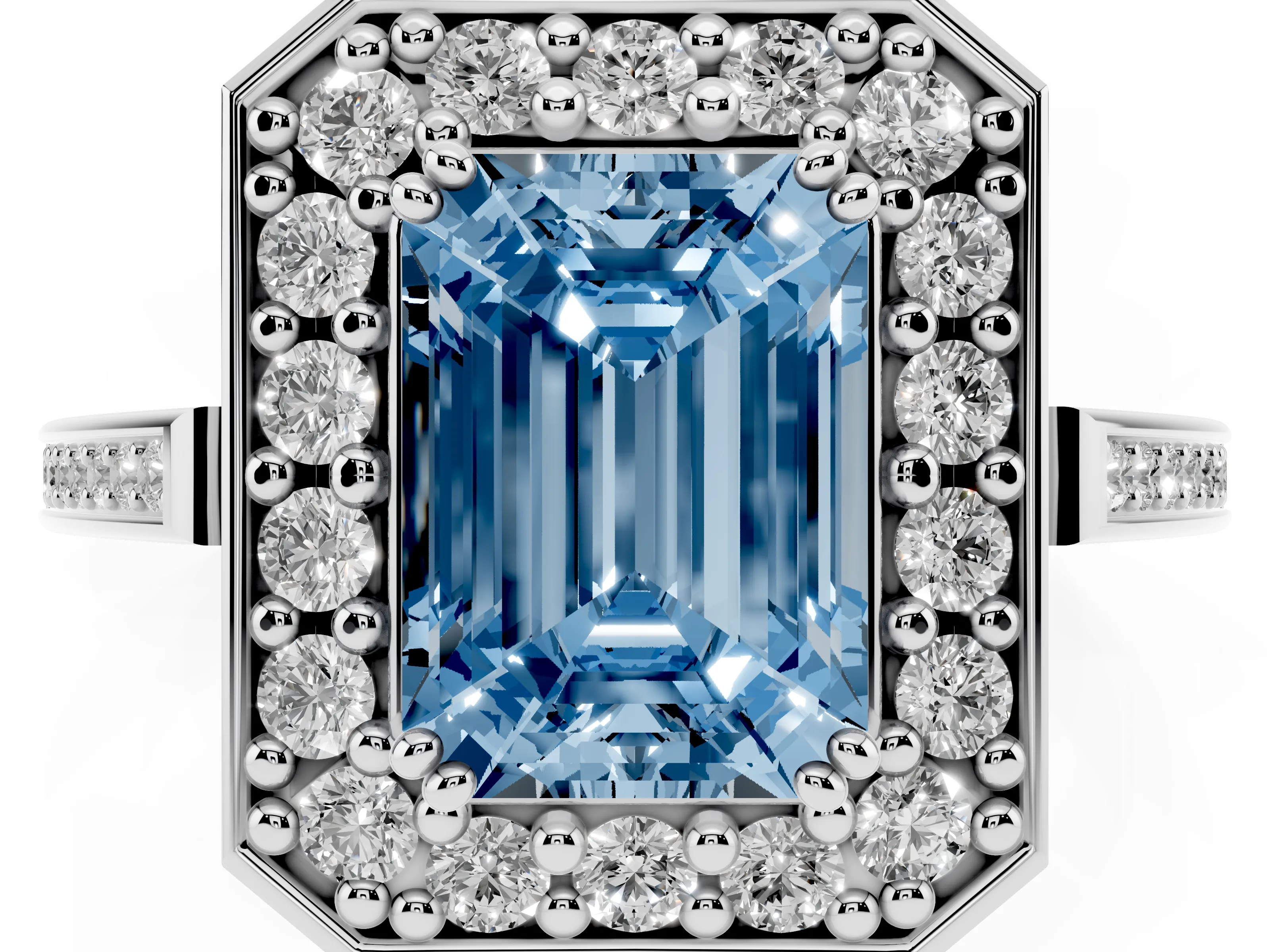 Fancy Blue Emerald Cut Diamond Halo Ring Set in Platinum with Accent-Lined Split Shank and Prong Setting