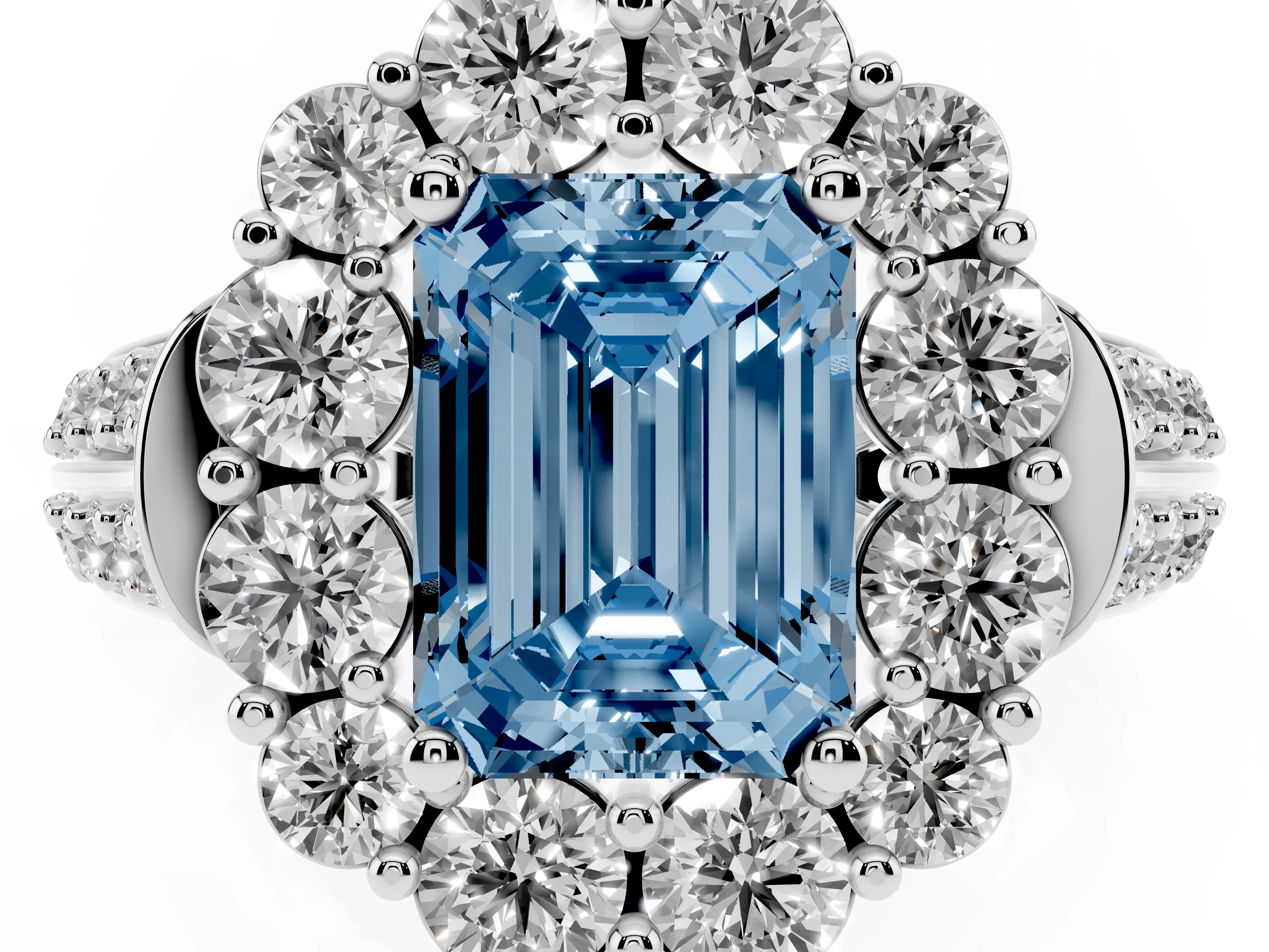 Fancy Blue Emerald Cut Diamond Halo Engagement Ring Set in Platinum with Split Shank and Prong Setting