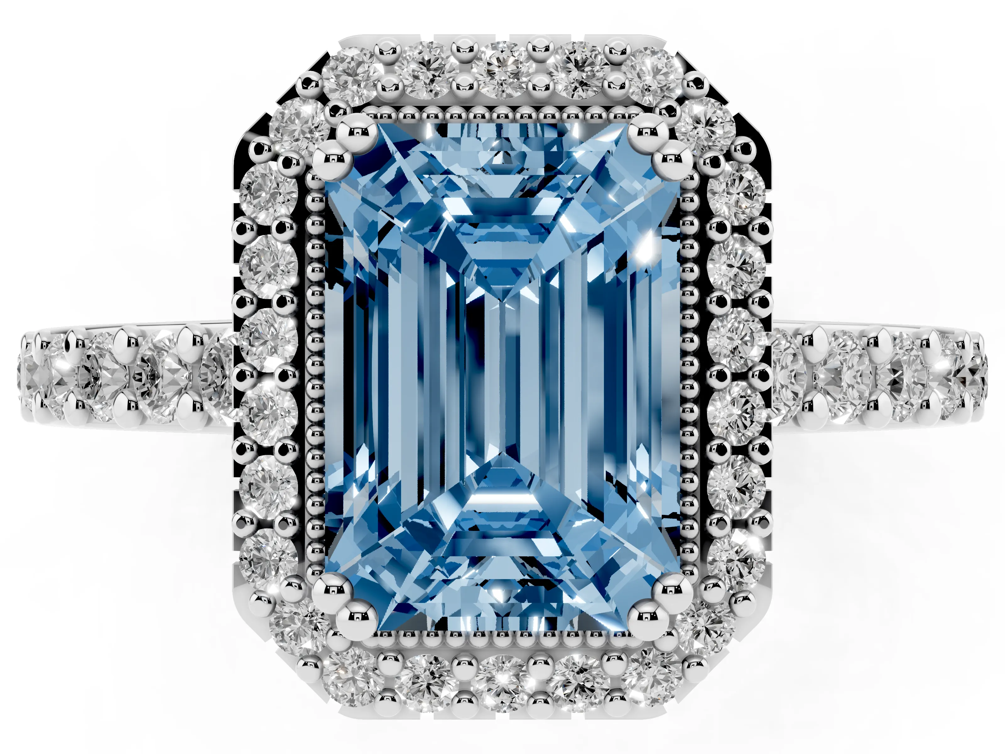 Fancy Blue Emerald Cut Diamond Halo Engagement Ring Set in White gold with Milgrain Detail and Pavé Band