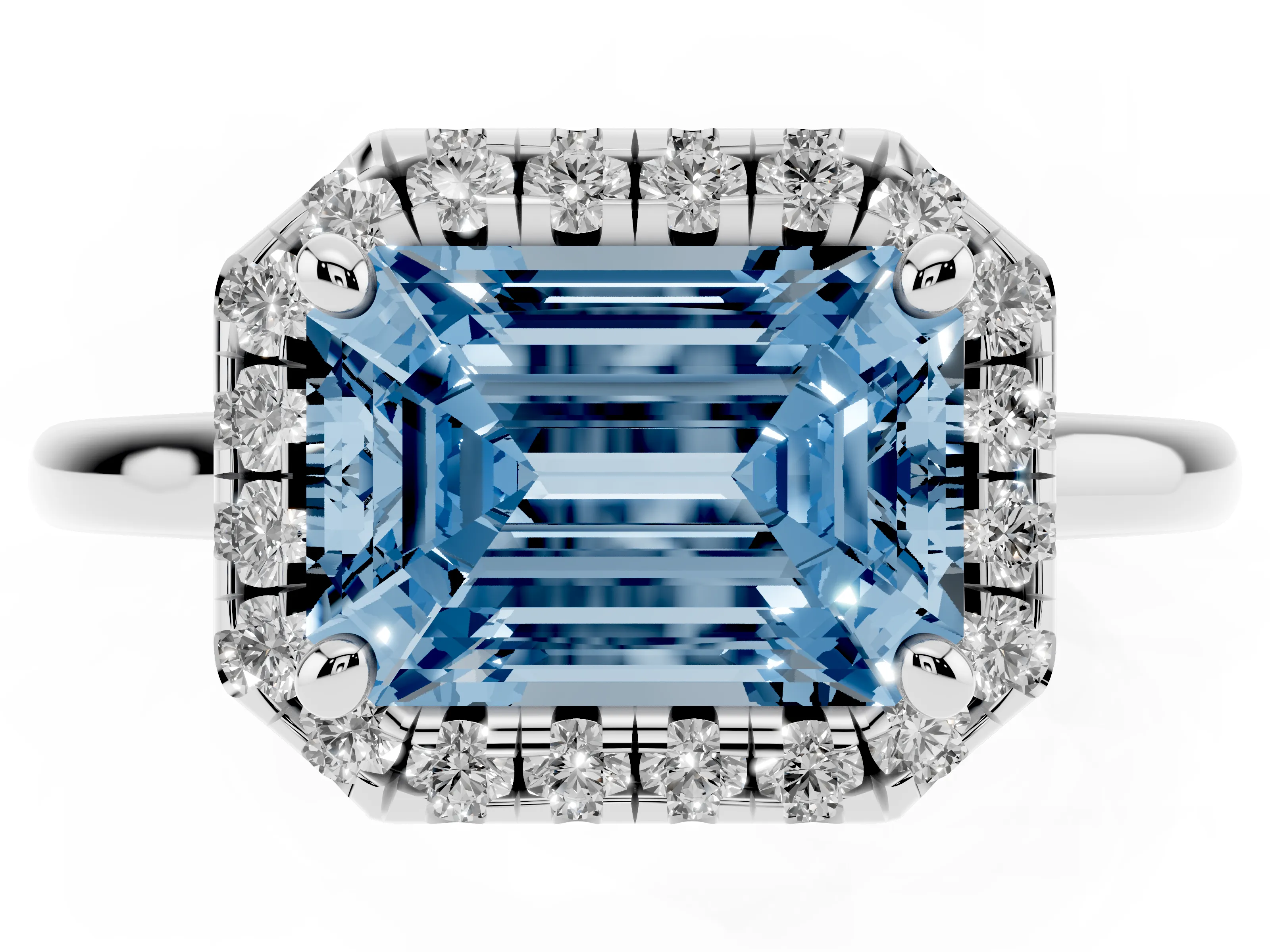 Fancy Blue Emerald Cut Diamond Halo Engagement Ring Set in Silver with Pavé Band and Rising Shoulders