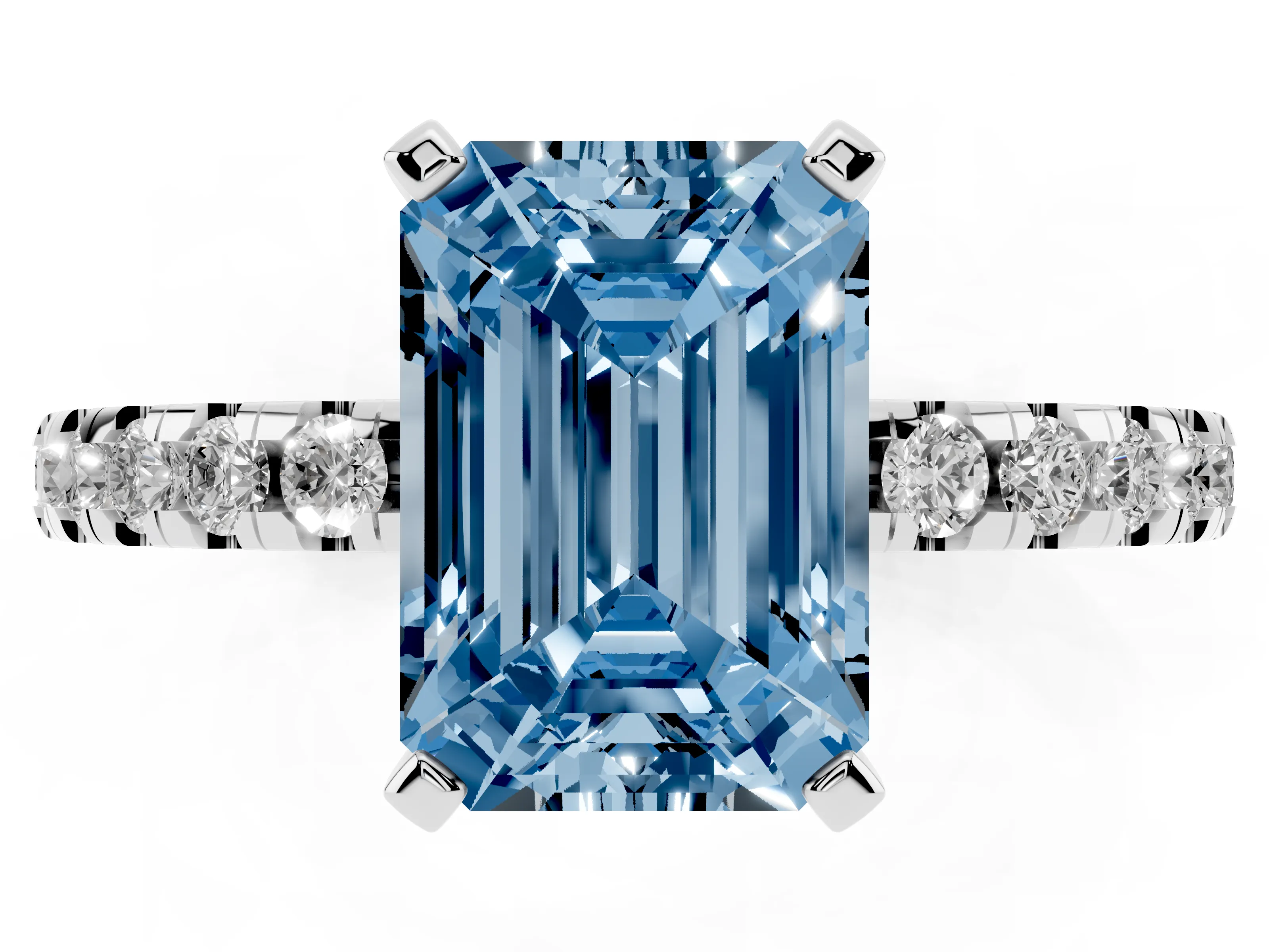 Fancy Blue Emerald Cut Diamond Pavé Solitaire Ring Set in White gold with Round Band Accents and Prong Setting