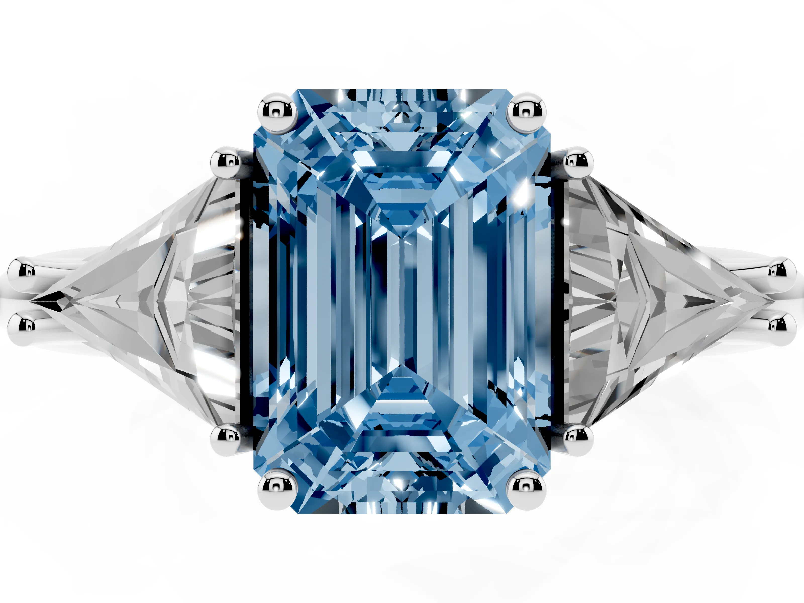 Fancy Blue Emerald Cut Diamond Three-Stone Engagement Ring Set in Platinum with Trillion Side Stones
