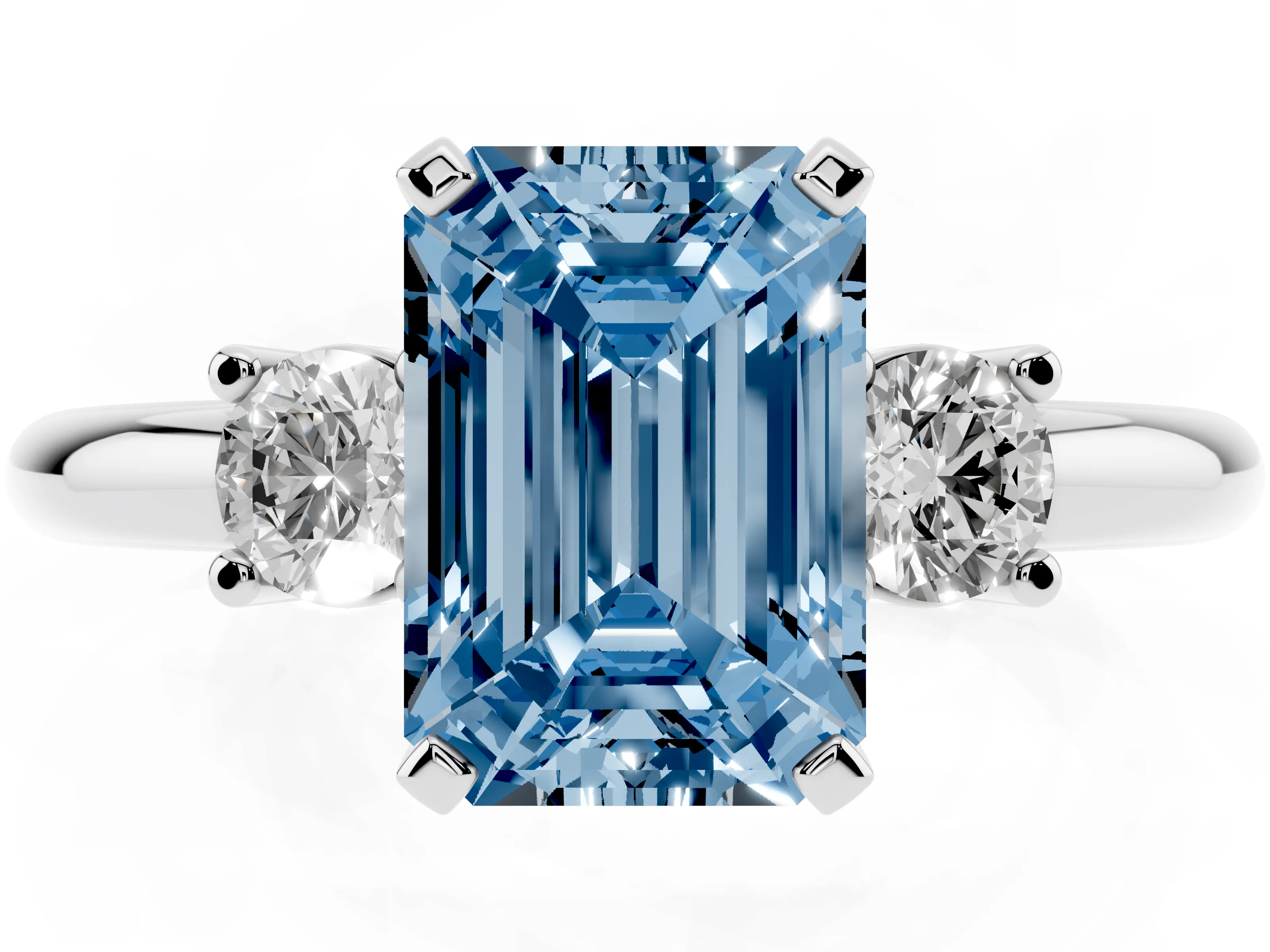 Fancy Blue Three-Stone Emerald Cut Diamond Ring Set in Platinum with Prong Setting and Plain Band