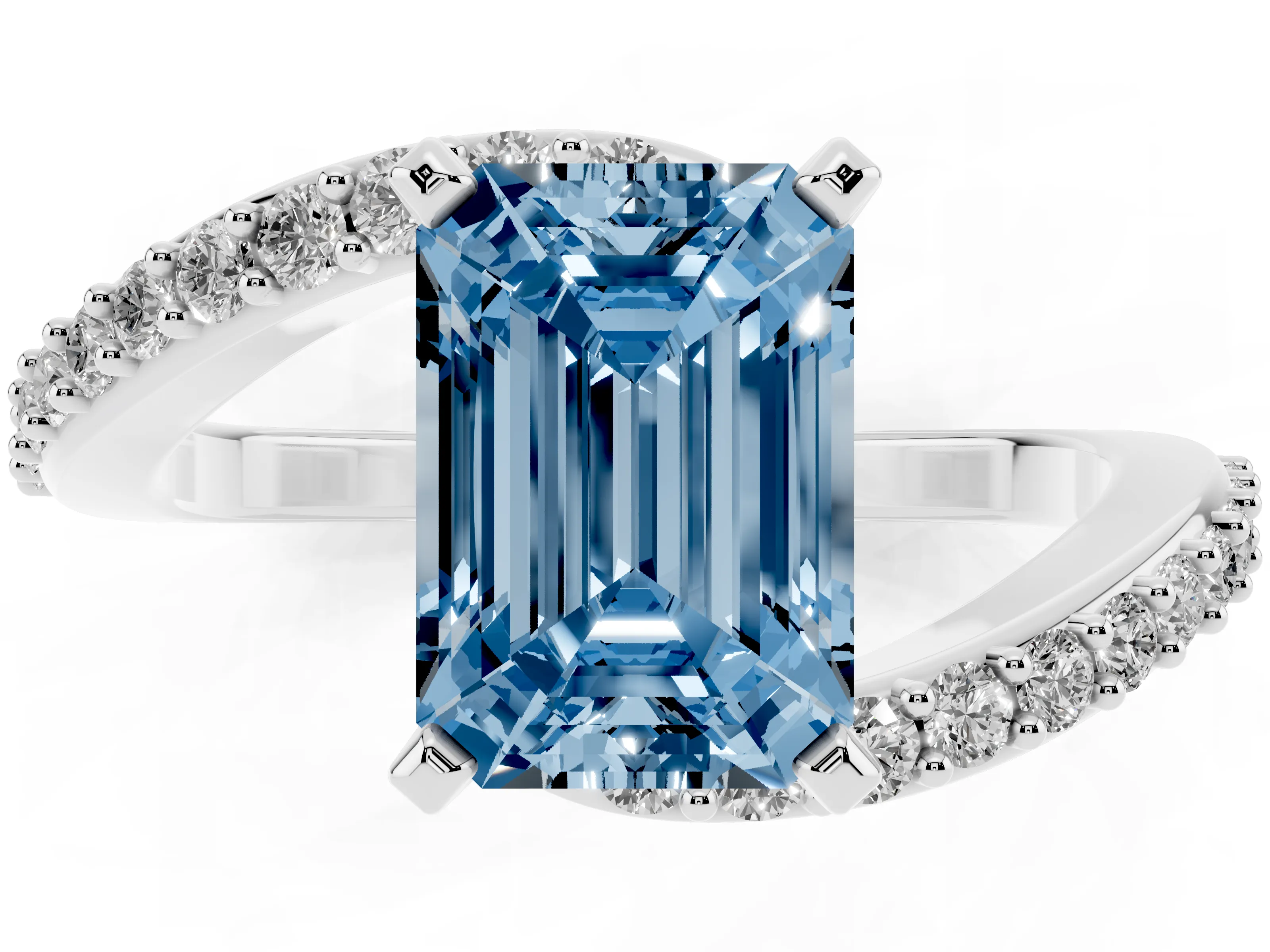 Fancy Blue Emerald Cut Diamond Solitaire Ring Set in Platinum with Pavé Twist Band and Prong Setting