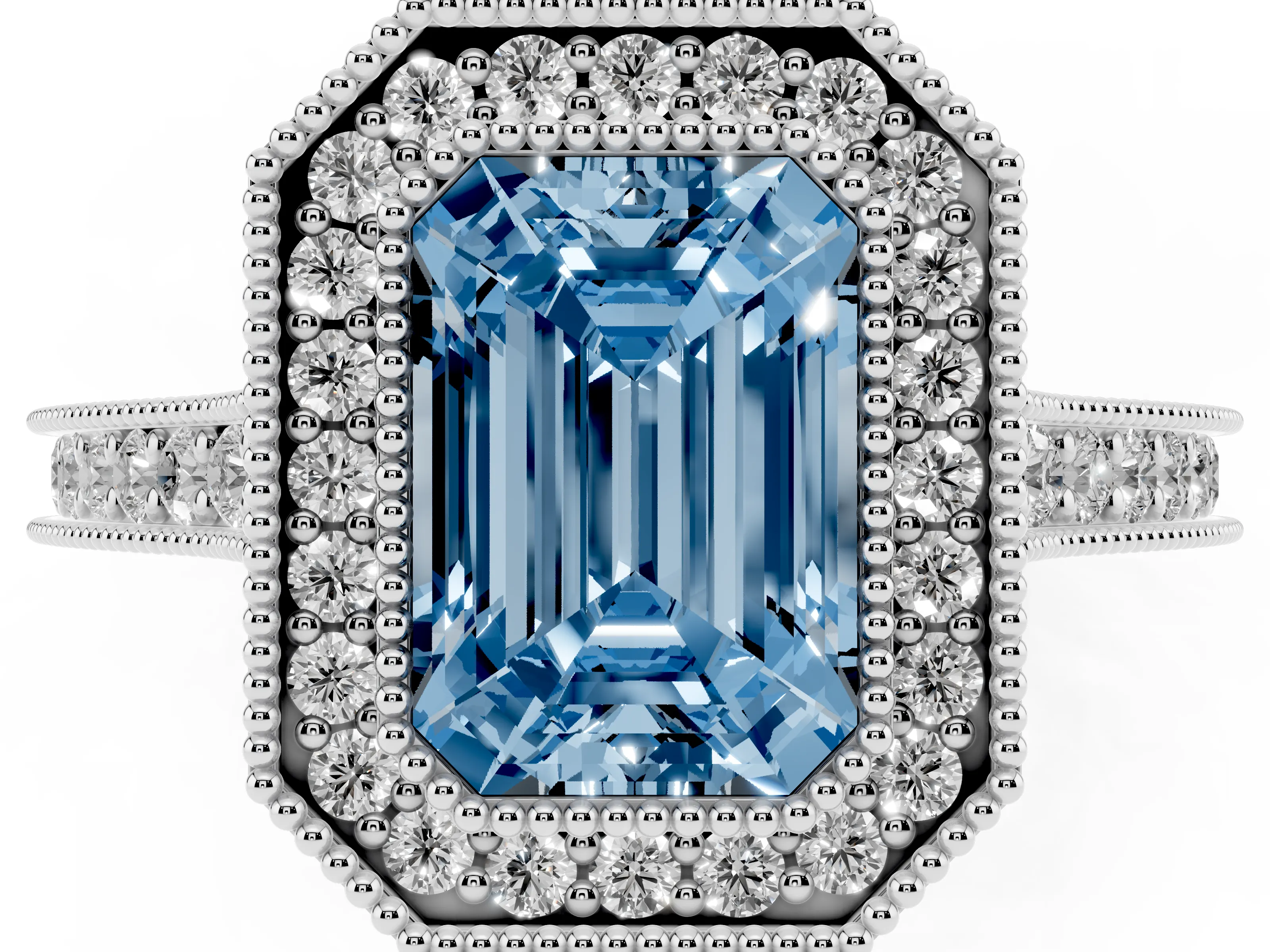 Fancy Blue Emerald Cut Diamond Halo Milgrain Pavé Band Ring Set in Silver with Prong Setting