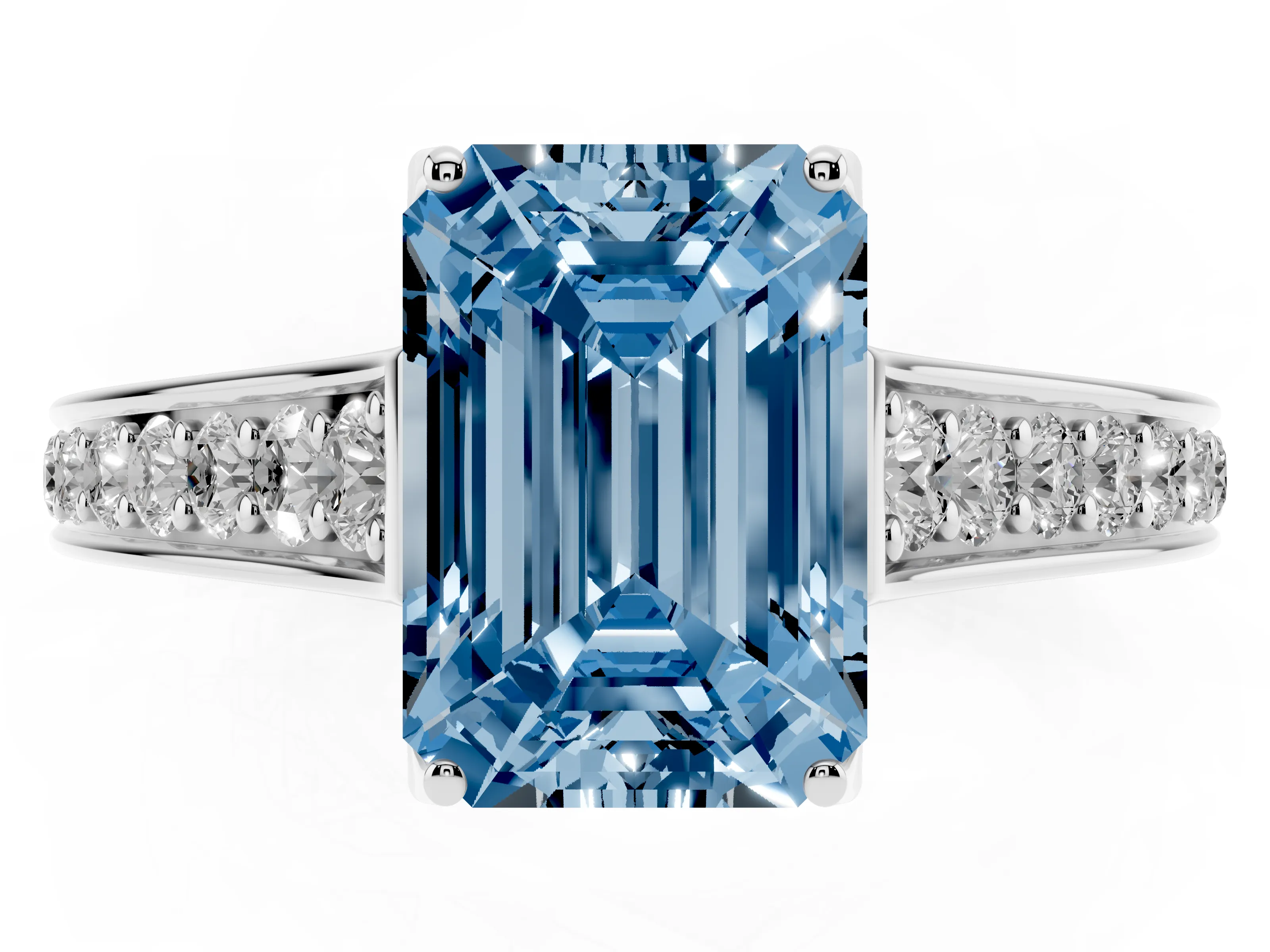 Fancy Blue Emerald Cut Diamond Solitaire Pavé Engagement Ring Set in White gold with Prong Setting