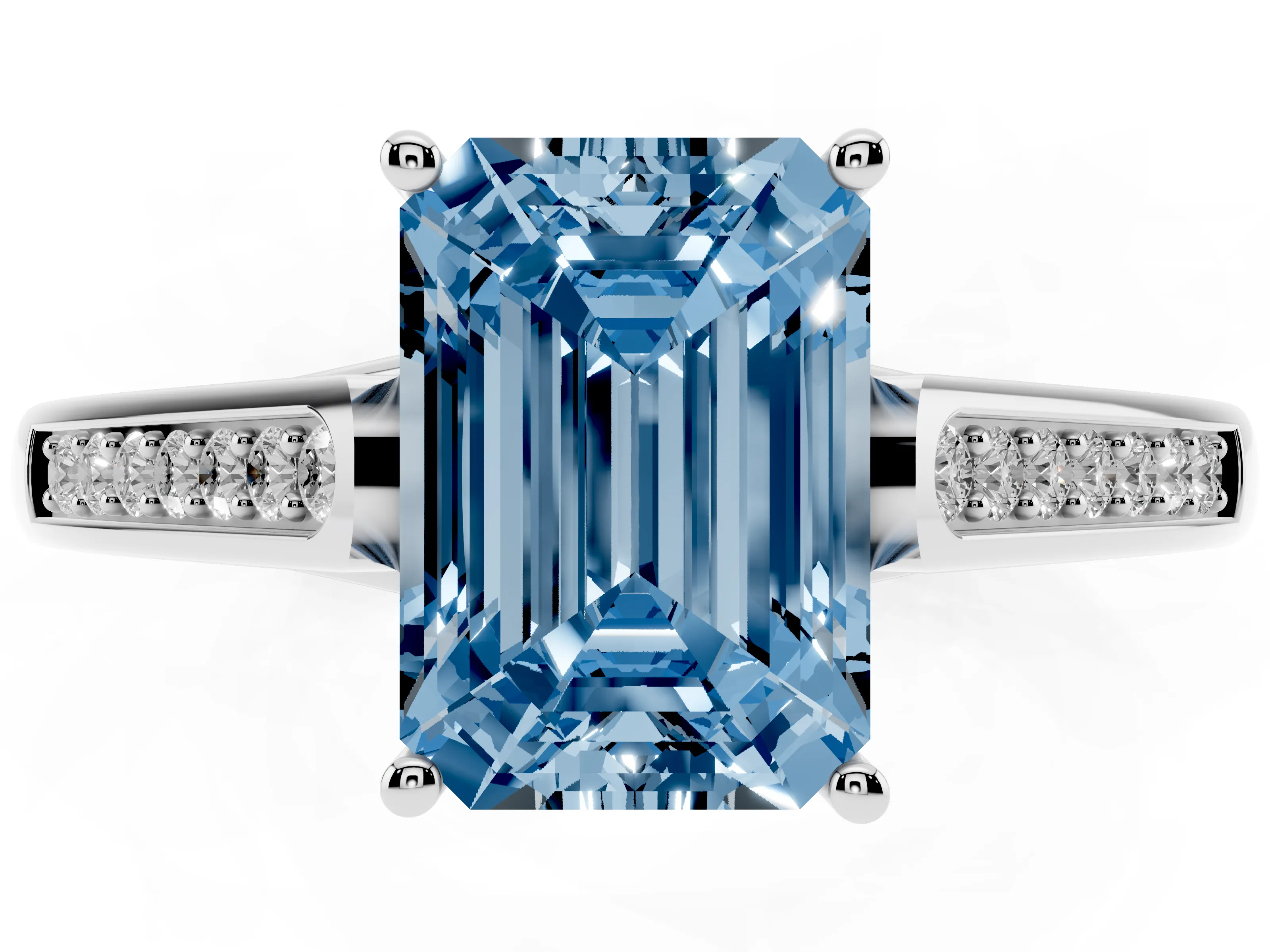 Fancy Blue Emerald Cut Diamond Solitaire Cathedral Engagement Ring Set in Platinum with Channel-Set Band and Prong Setting