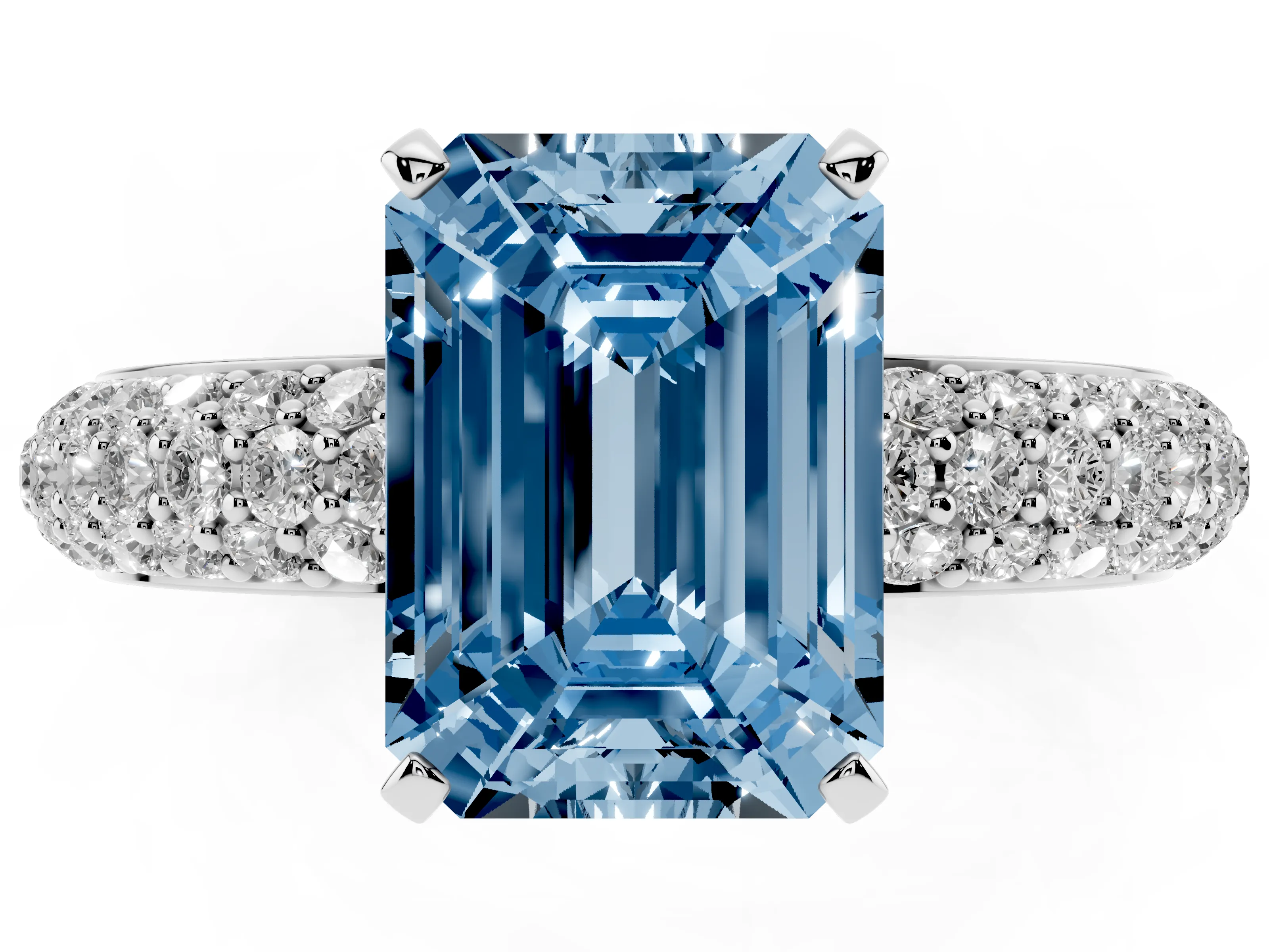 Fancy Blue Emerald Cut Diamond Solitaire Ring Set in Silver with Prong Setting and Pavé-Set Band