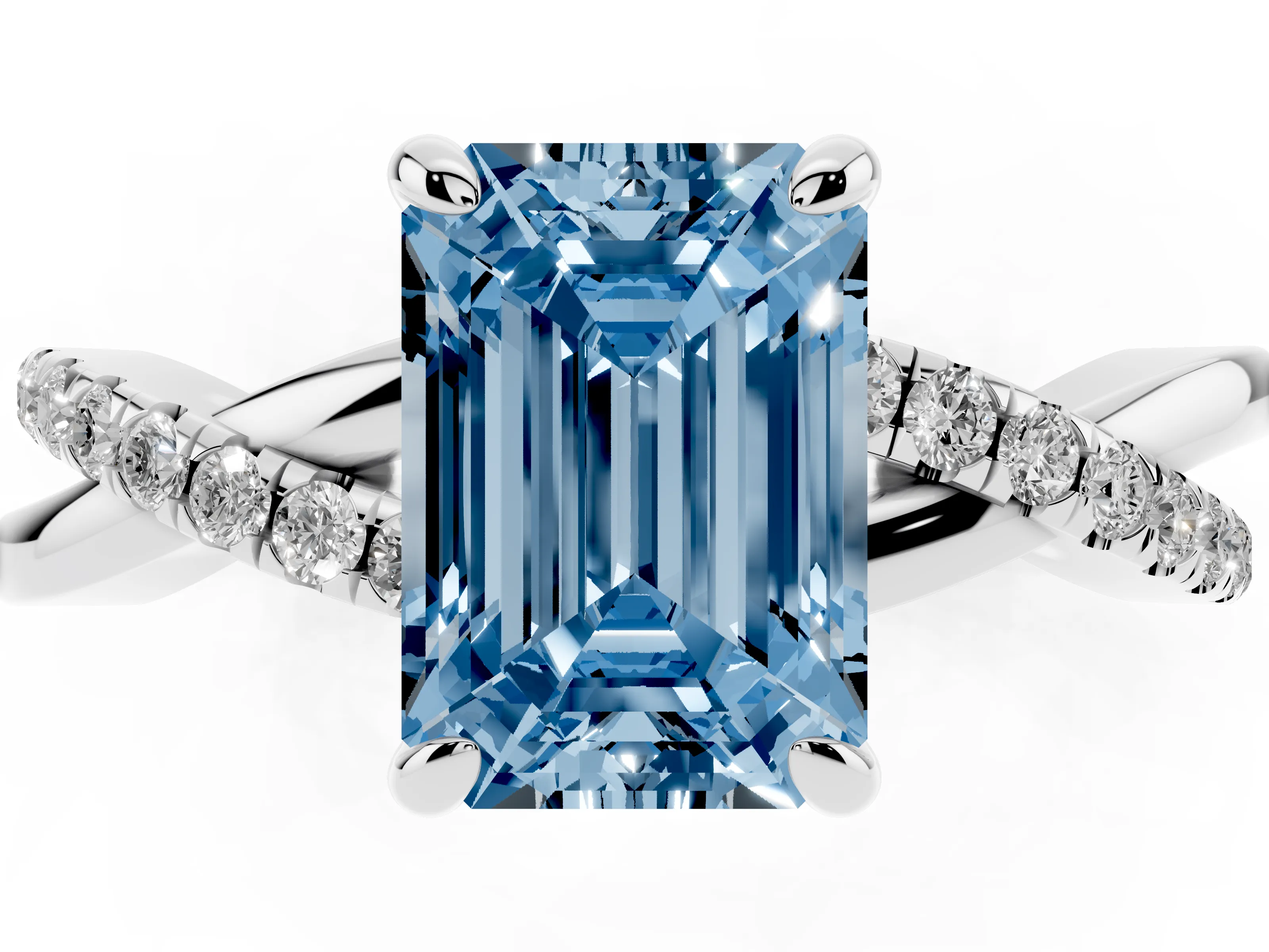 Fancy Blue Emerald Cut Diamond Twist Band Solitaire Set in White gold with Pavé Accents and Prong Setting