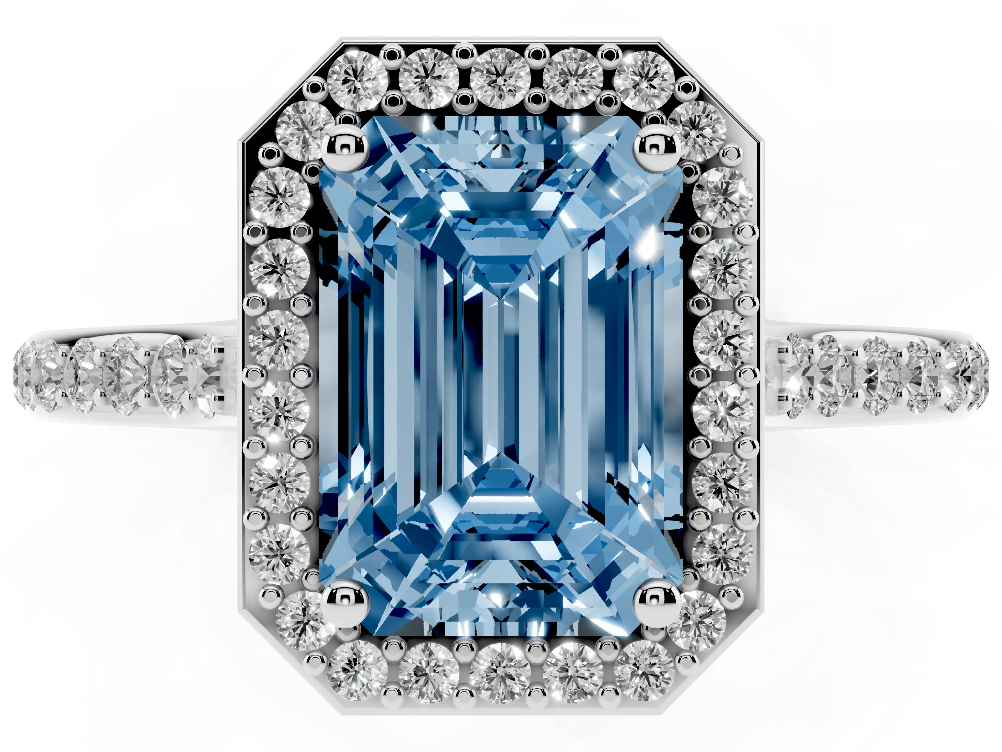 Fancy Blue Emerald Cut Diamond Halo Engagement Ring Set in Platinum with Round Pavé Shoulders and Heart Gallery
