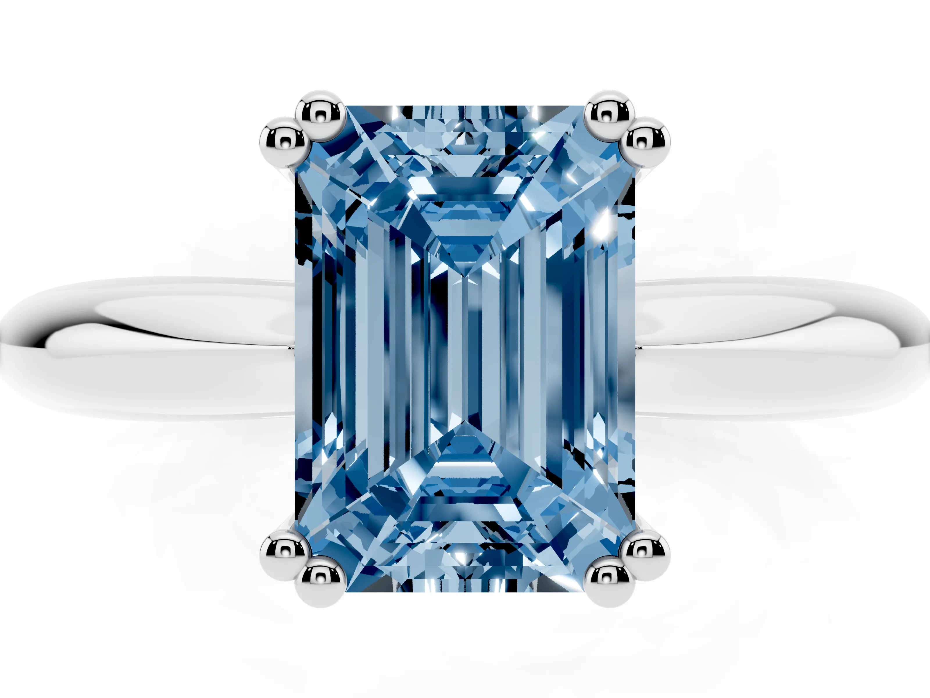 Fancy Blue Emerald Cut Diamond Solitaire Engagement Ring Set in White gold with Tapered Band and Prong Setting