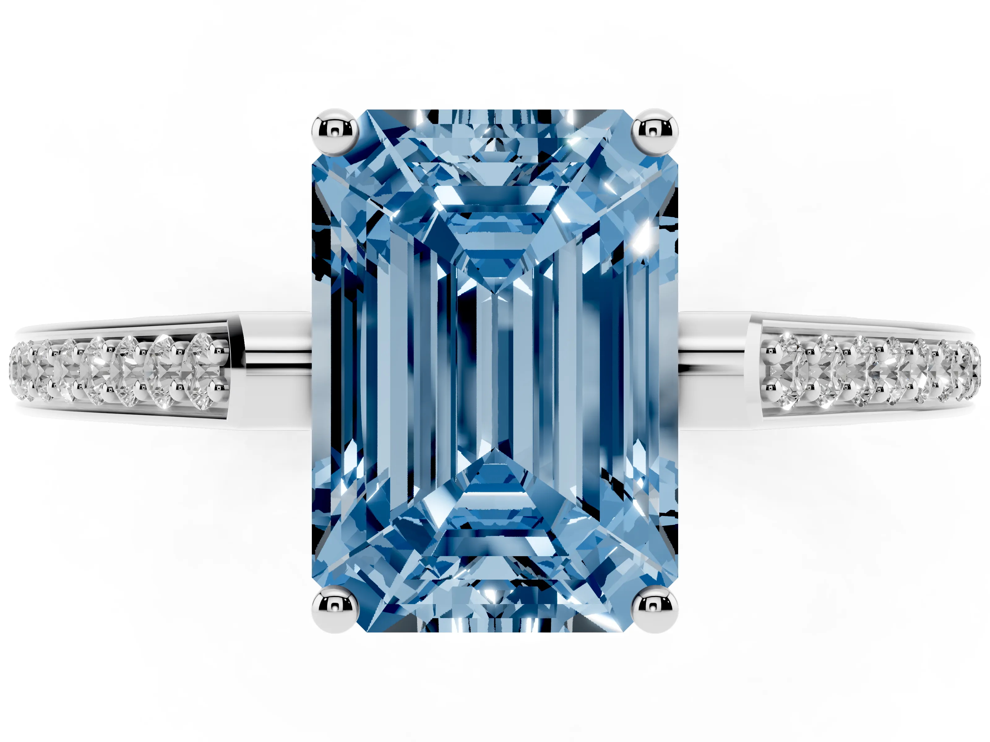 Fancy Blue Emerald Cut Diamond Cathedral Pavé Engagement Ring Set in Silver with Prong Setting