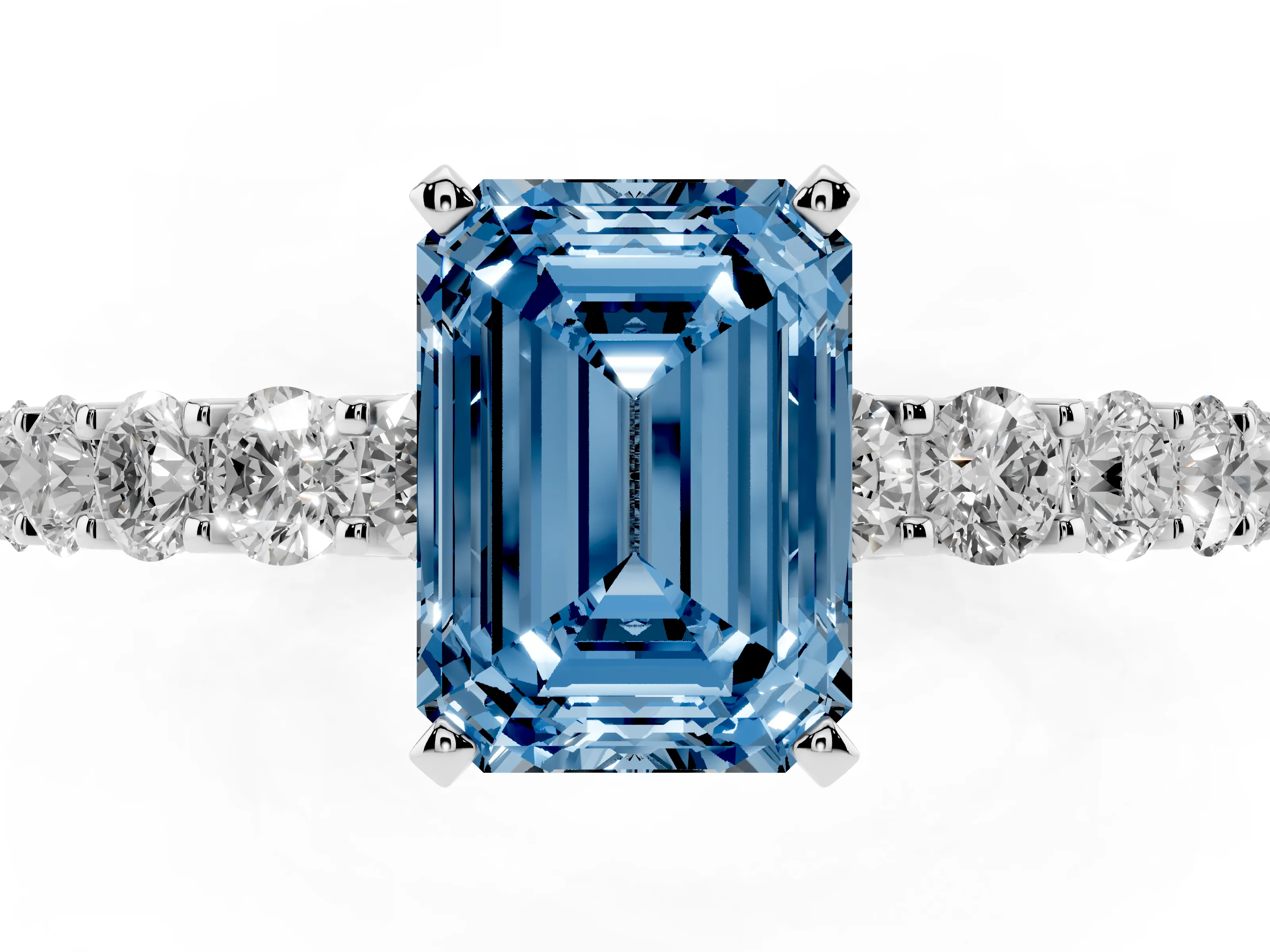 Fancy Blue Emerald Cut Diamond Solitaire Ring Set in Silver with Shared Prong Pavé Band