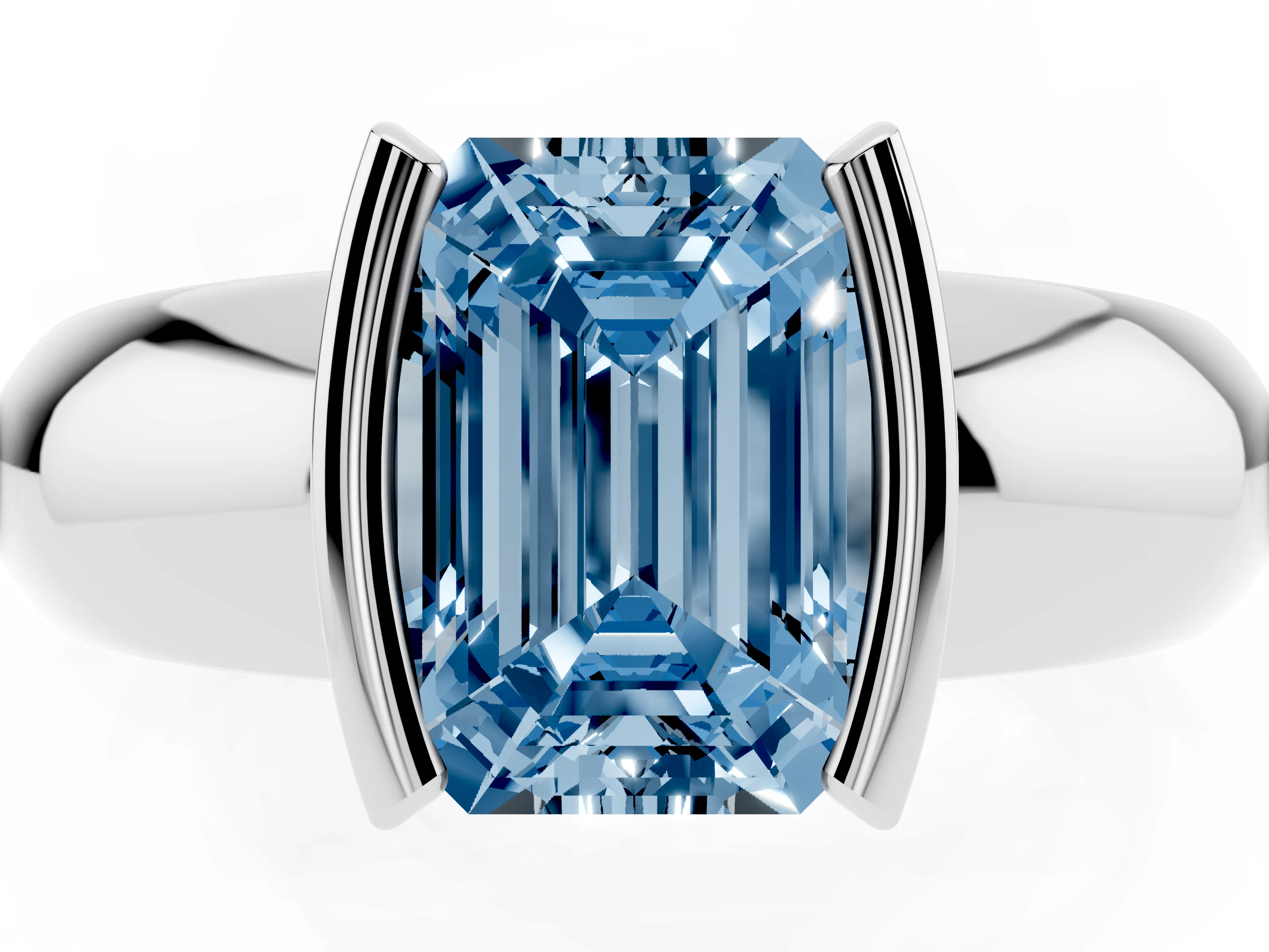 Fancy Blue Emerald Cut Diamond Solitaire Tension Set Ring Set in Platinum with Wide Band