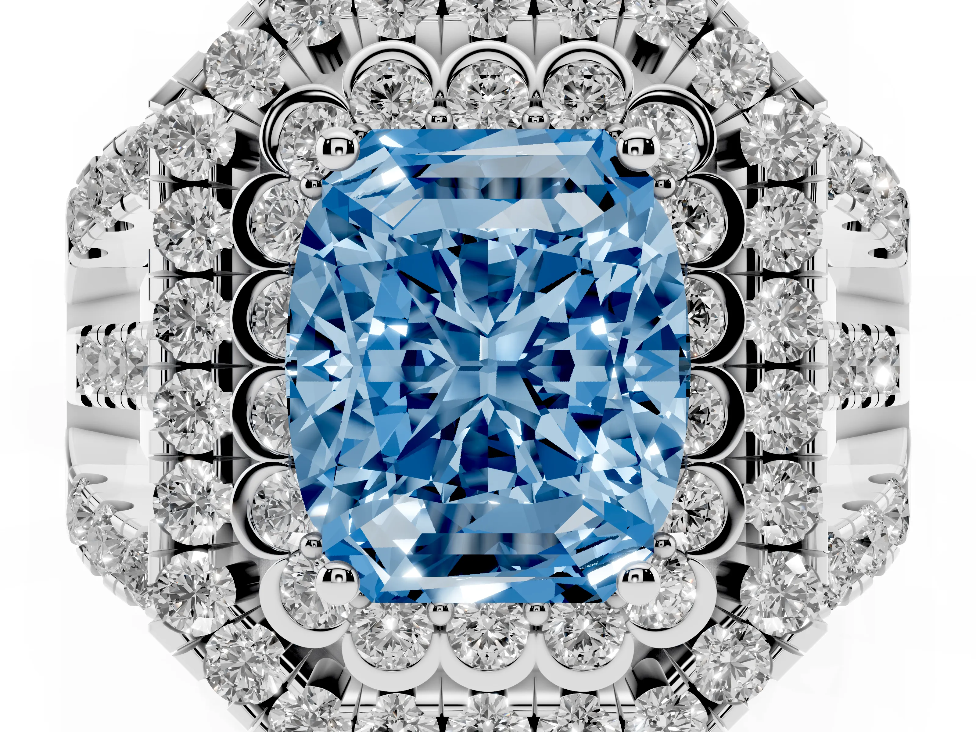 Fancy Blue Emerald Cut Diamond Double Halo Ring Set in Silver with Round Pavé Split Shank