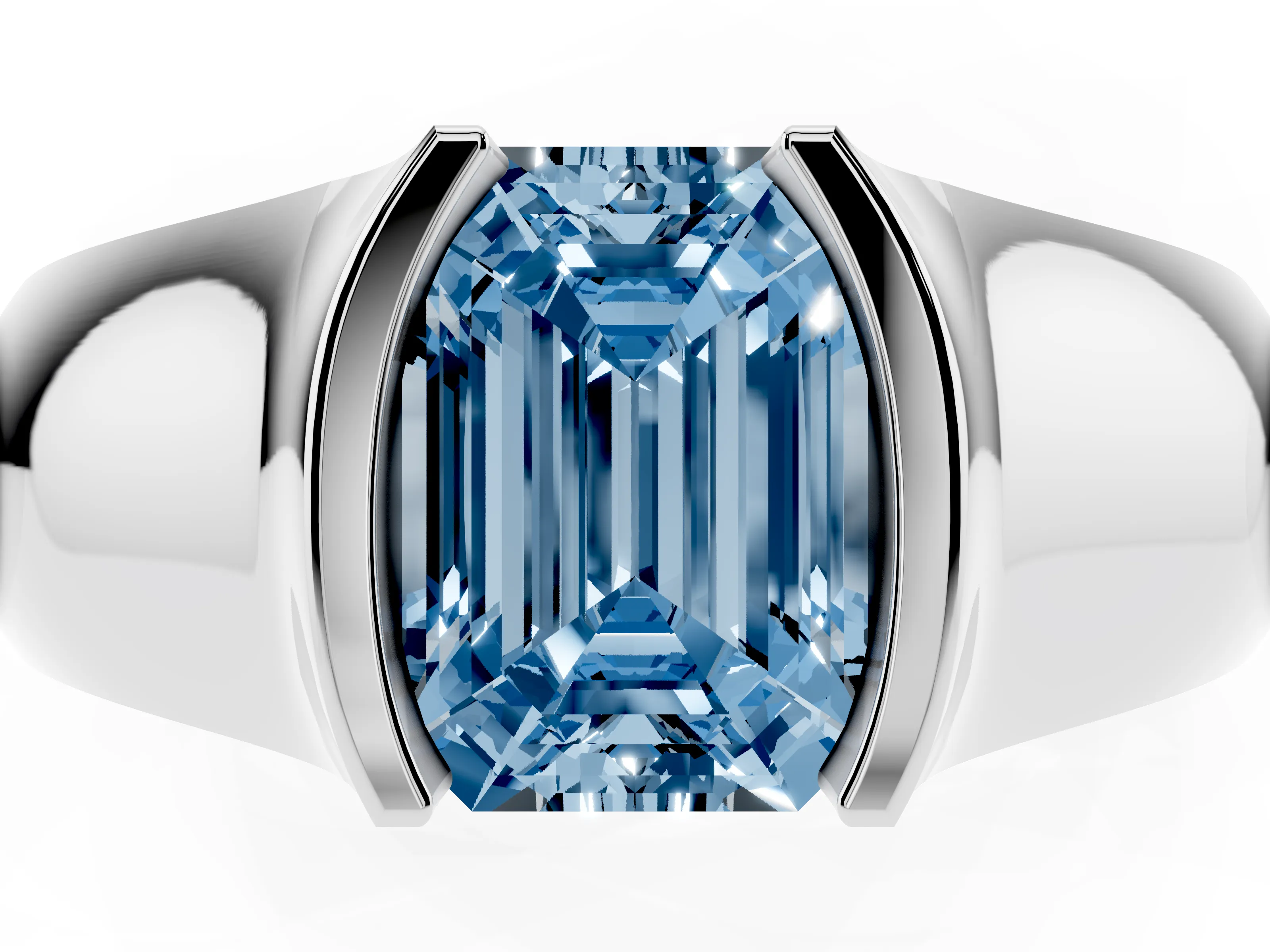 Fancy Blue Emerald Cut Diamond Bezel Solitaire Ring Set in Silver with Wide Band