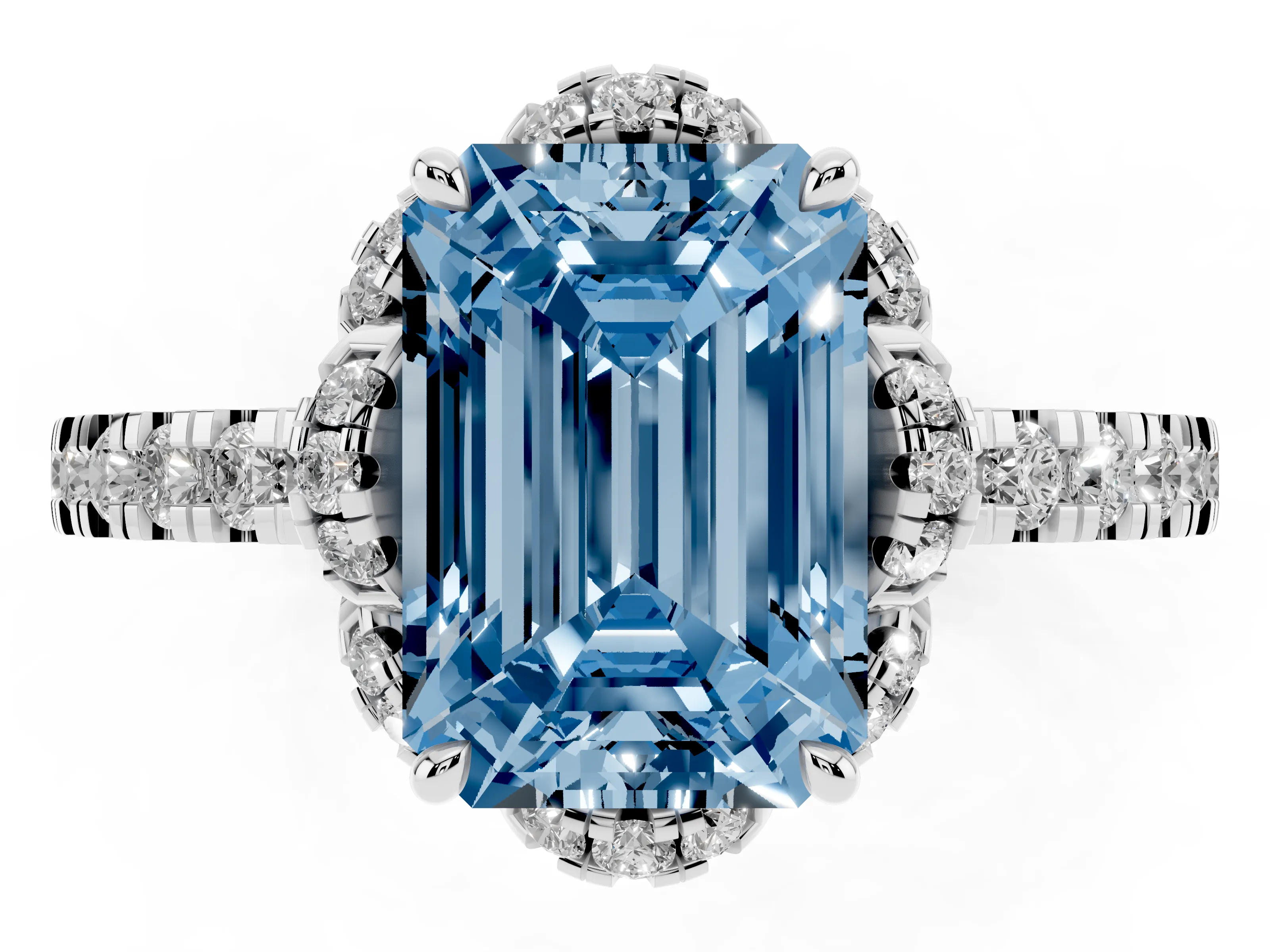 Fancy Blue Emerald Cut Diamond Halo Pavé Band Ring Set in Platinum with Prong-Held Center