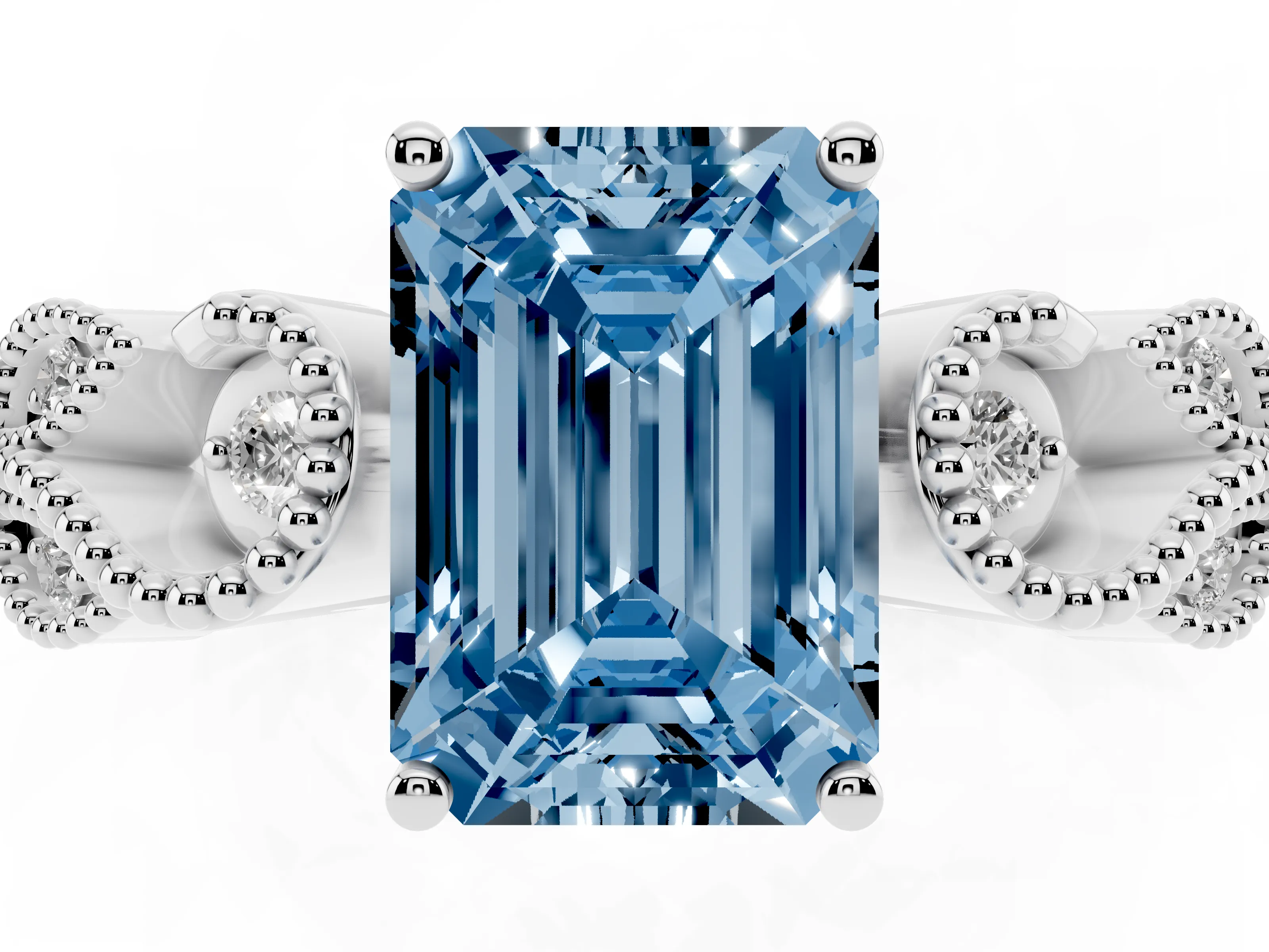 Fancy Blue Emerald Cut Diamond Milgrain Leaf Band Solitaire Ring Set in White gold with Accent Stones and Prong Setting