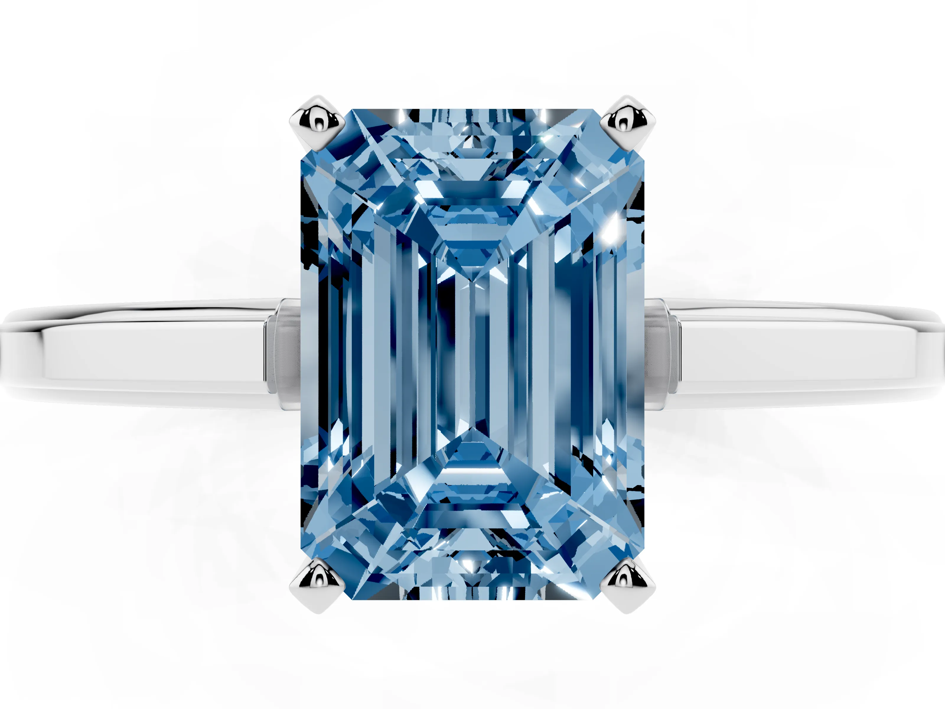 Fancy Blue Emerald Cut Diamond Solitaire Ring Set in Platinum with Prong Setting and Classic Band