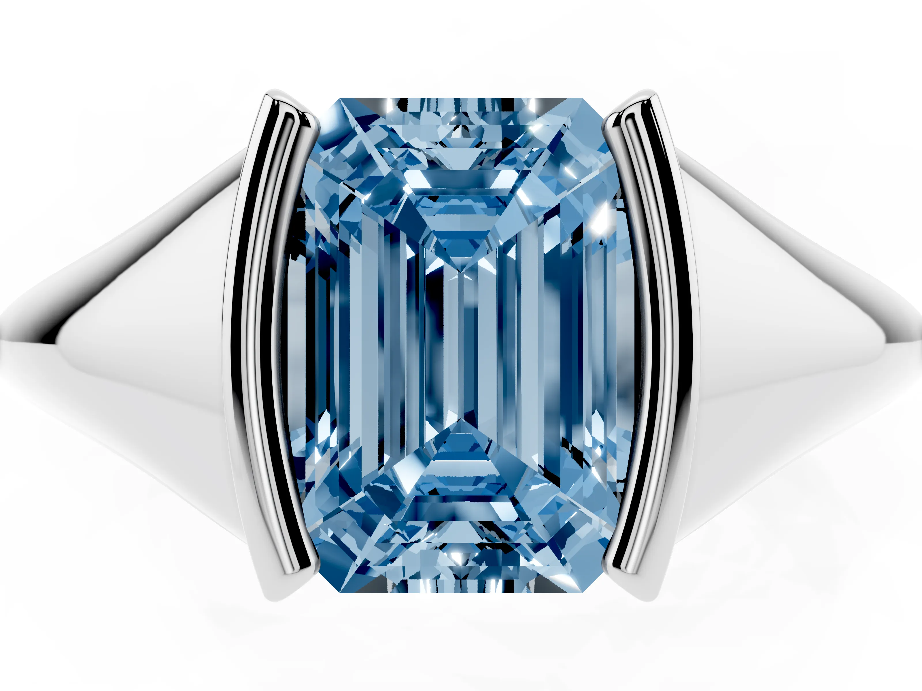 Fancy Blue Emerald Cut Diamond Solitaire Tension Set Ring Set in Silver