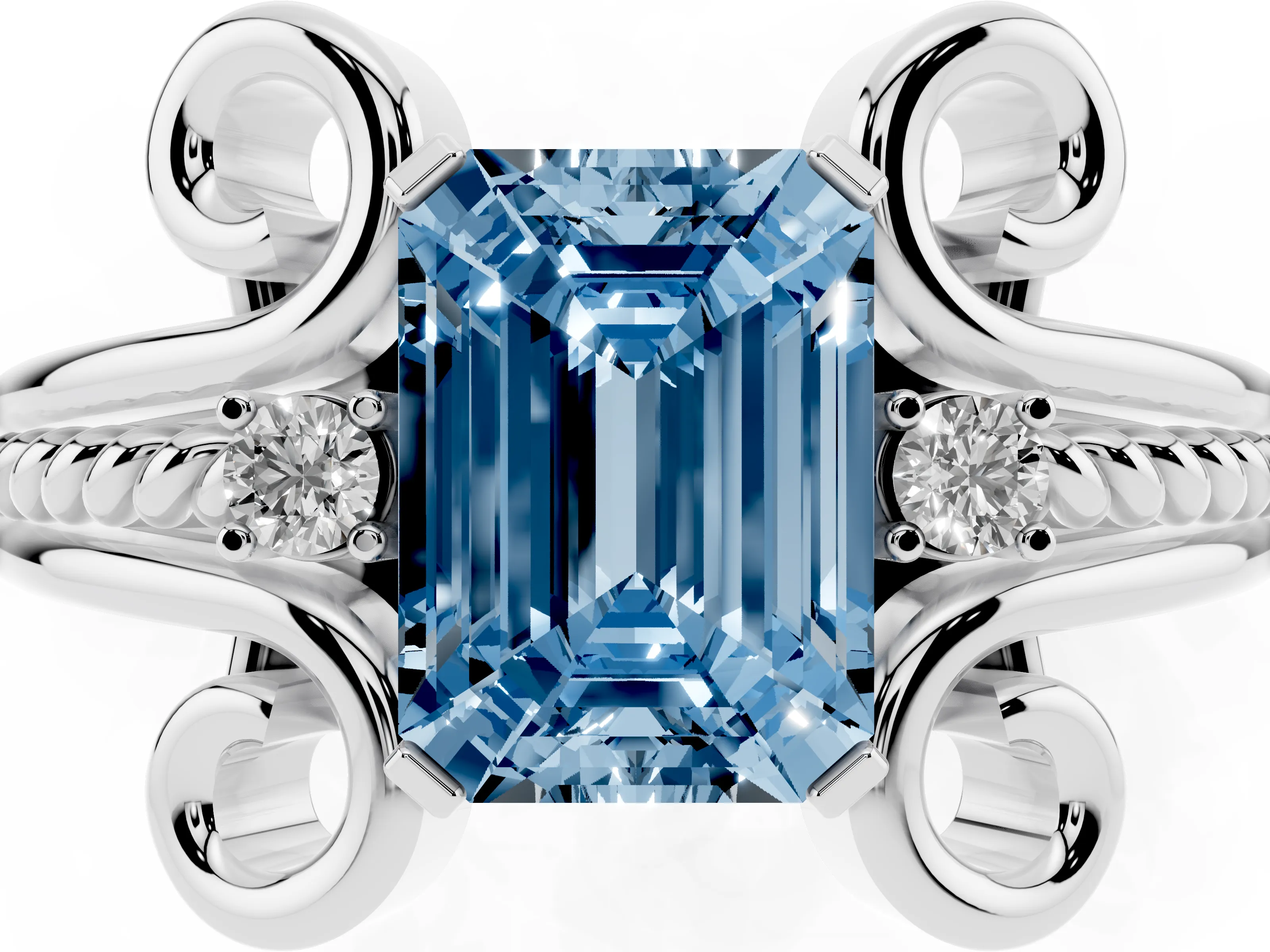 Fancy Blue Emerald Cut Diamond Twisted Band Solitaire Ring Set in Platinum with Scroll Prongs