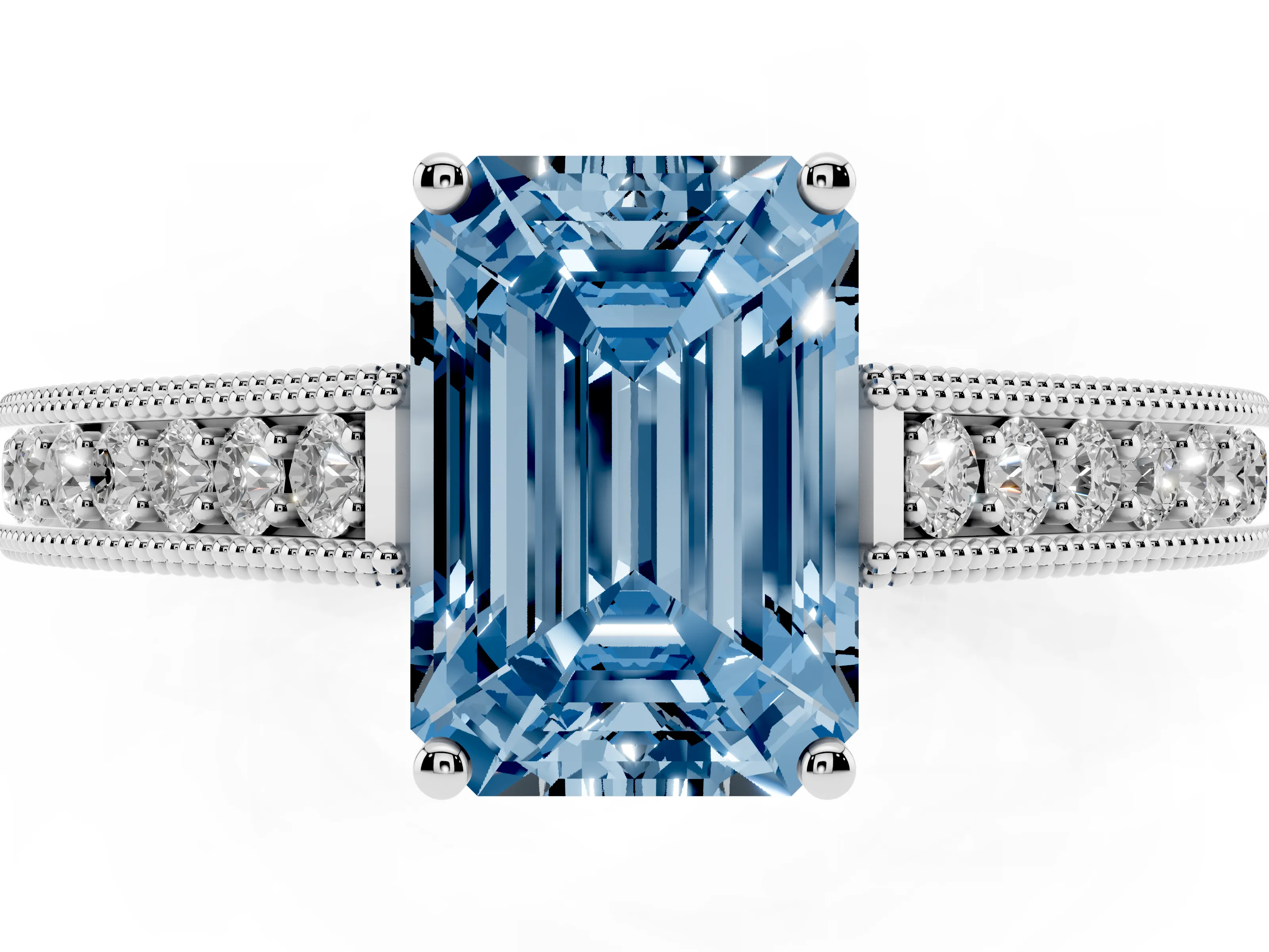 Fancy Blue Emerald Cut Diamond Milgrain Pavé Band Solitaire Ring Set in Platinum with Prong Setting