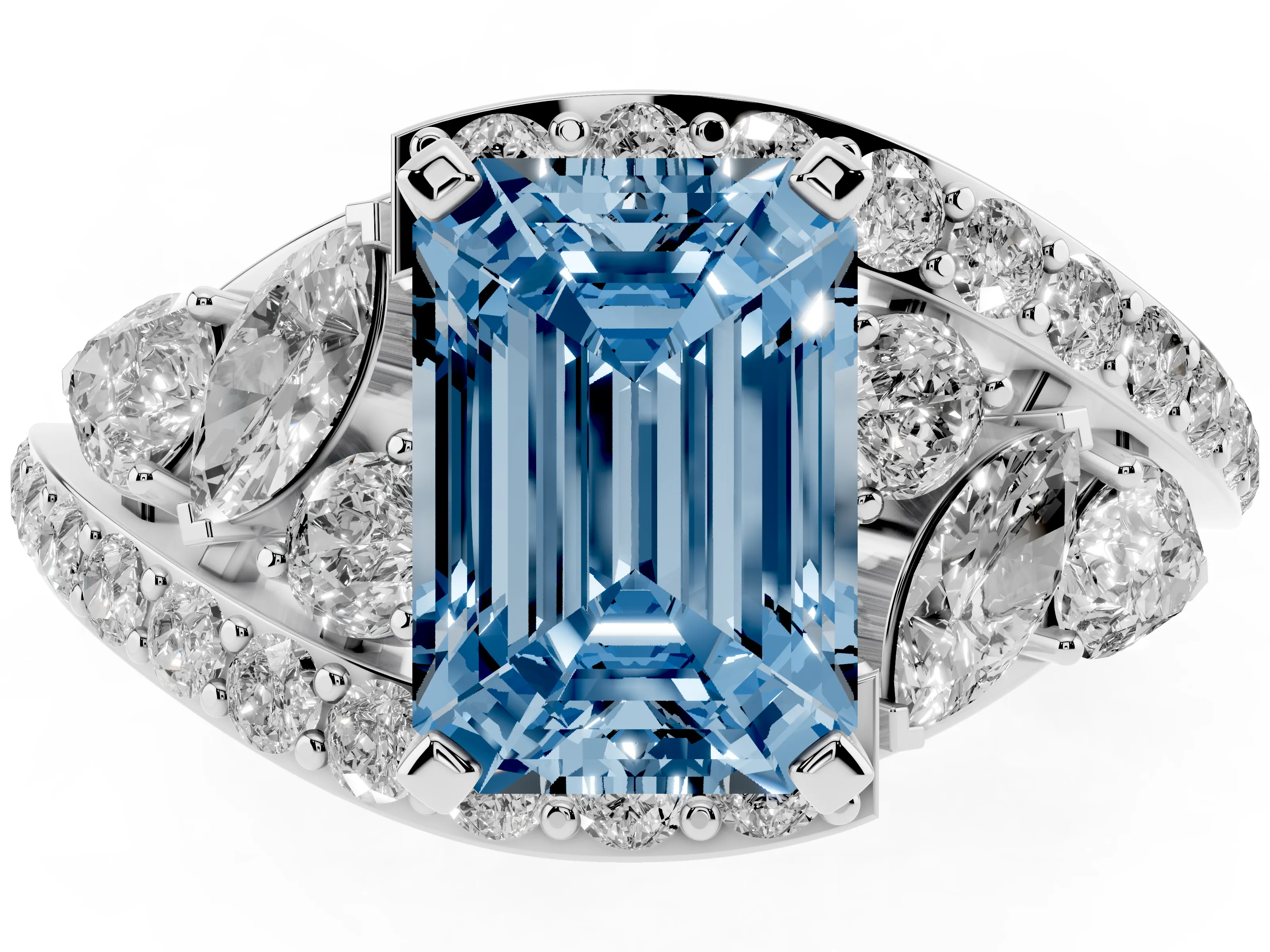 Fancy Blue Emerald Cut Diamond Halo Ring Set in Silver with Marquise and Pavé Band in Prong Setting