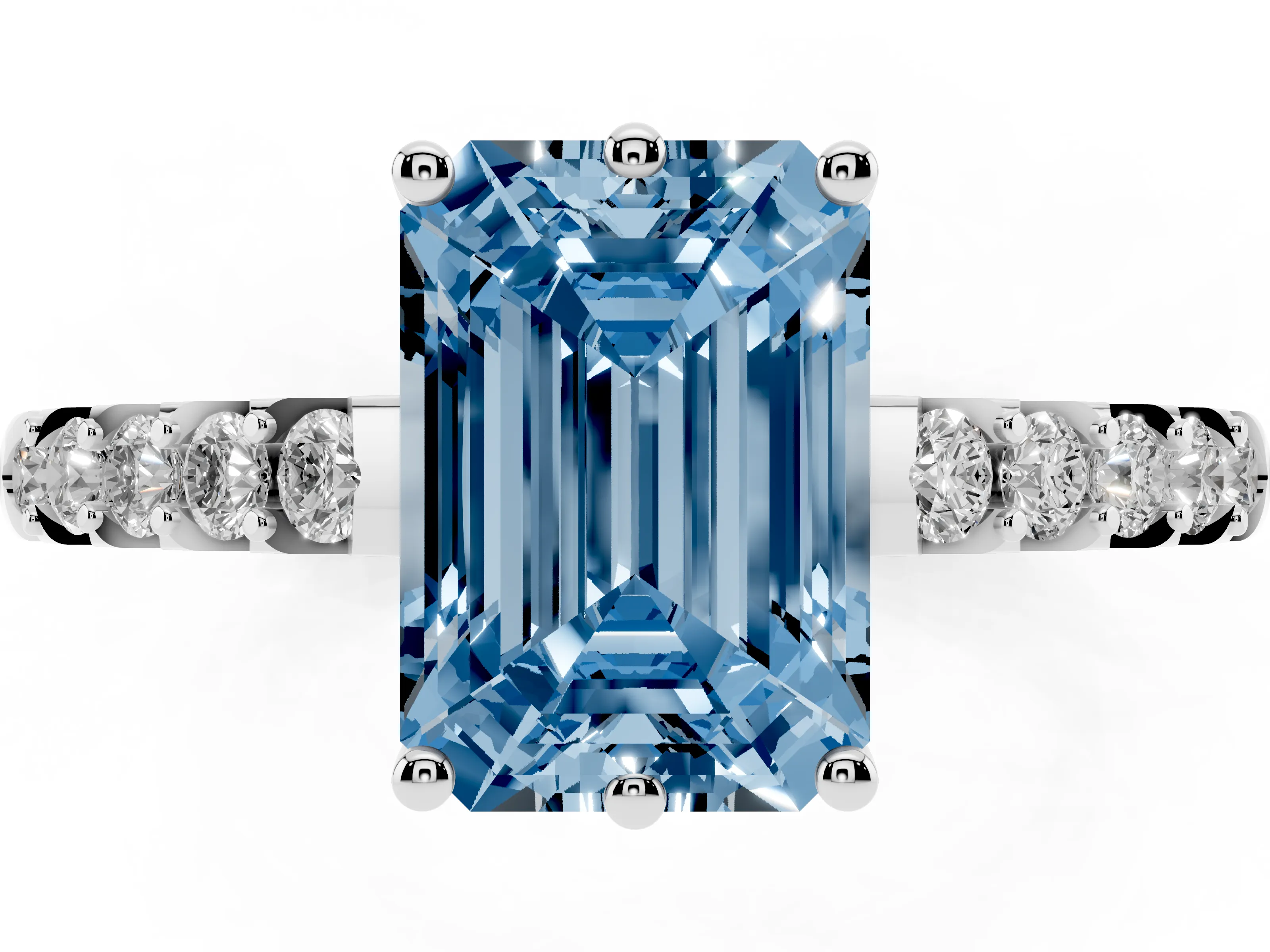 Fancy Blue Emerald Cut Diamond Solitaire Engagement Ring Set in Silver with Pavé Band and Prong Setting