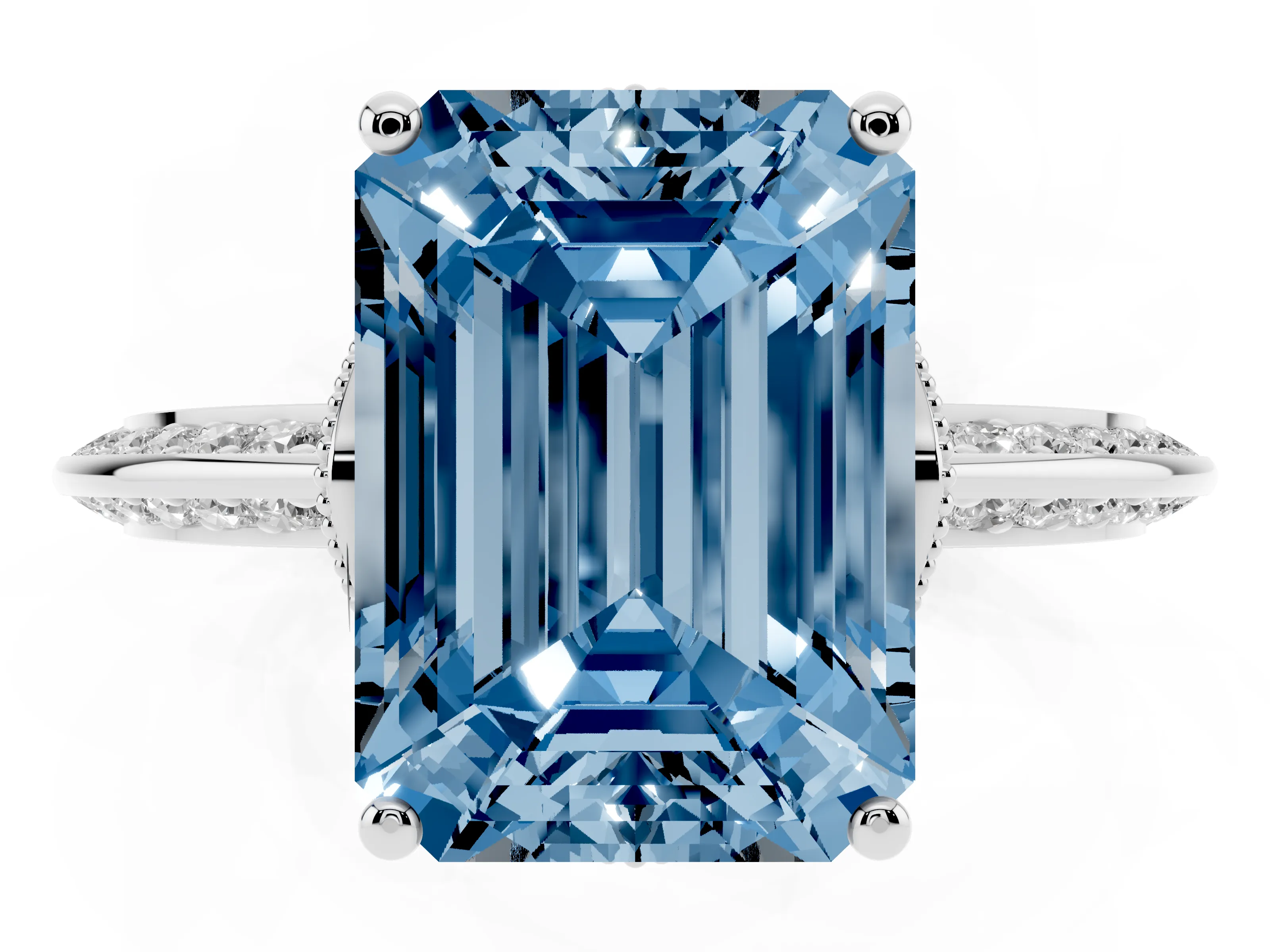 Fancy Blue Emerald Cut Diamond Solitaire Engagement Ring Set in Platinum with Pavé Split Shank and Prong Setting