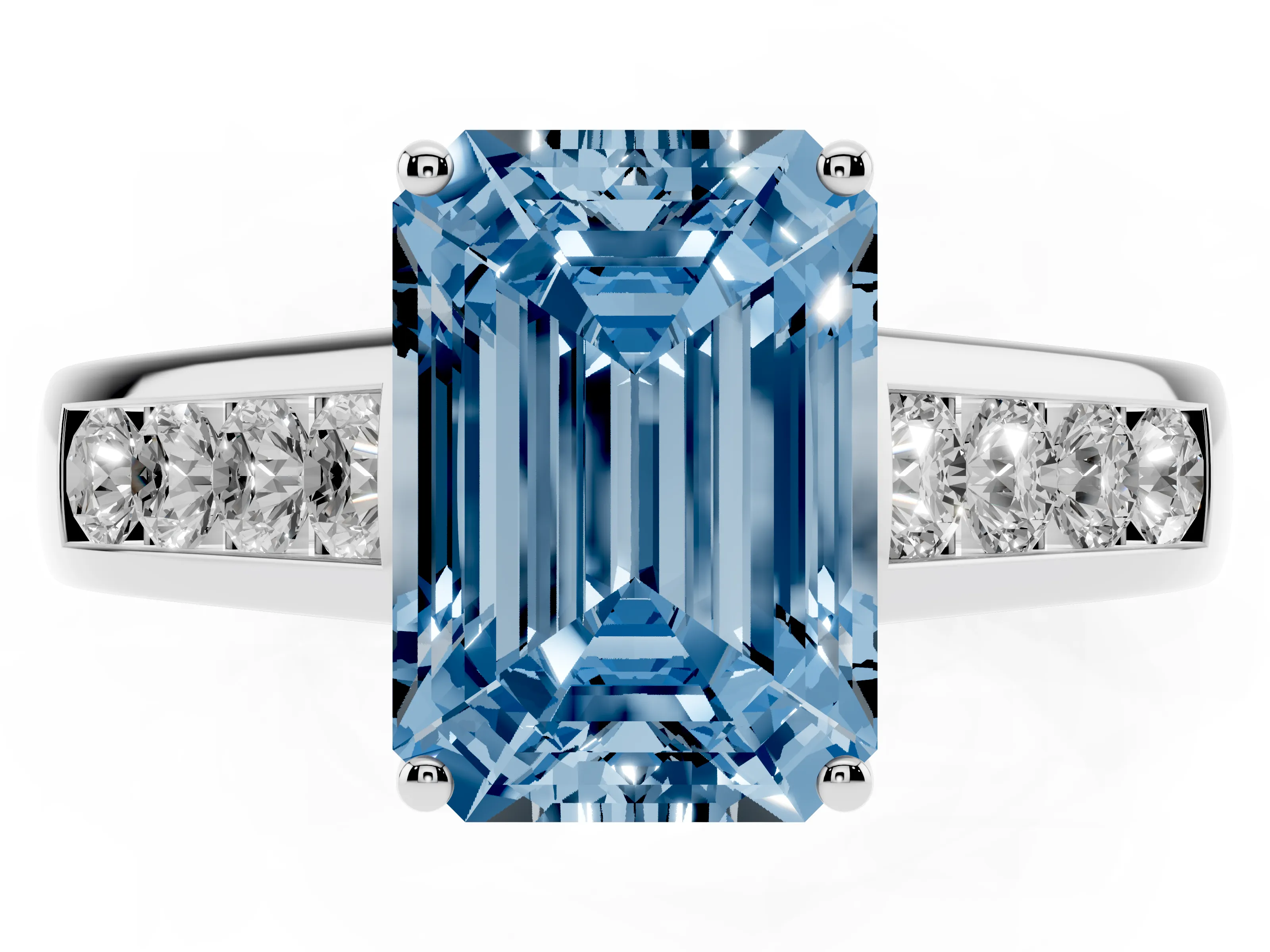 Fancy Blue Emerald Cut Diamond Solitaire Channel-Set Engagement Ring Set in White gold with Prong Setting