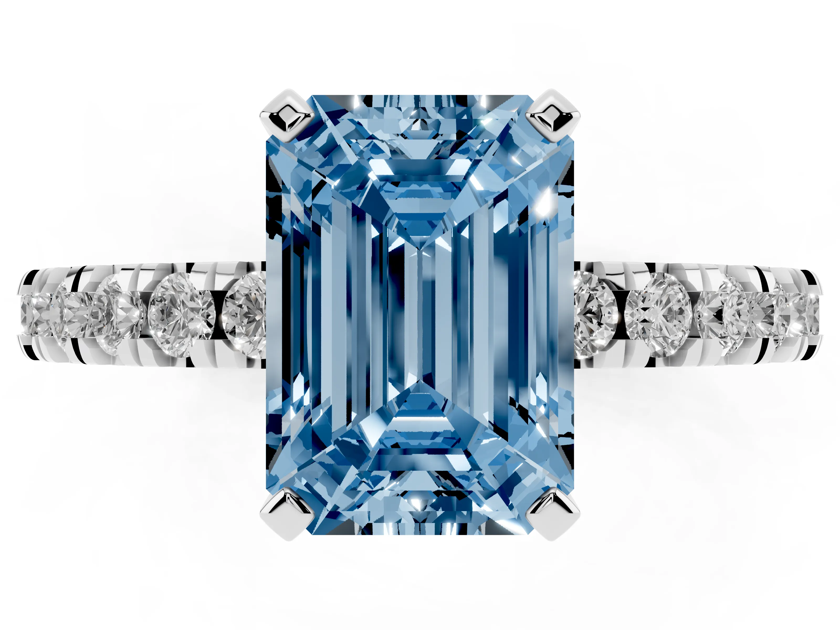Fancy Blue Emerald Cut Diamond Pavé Band Solitaire Set in Platinum with Prong Setting