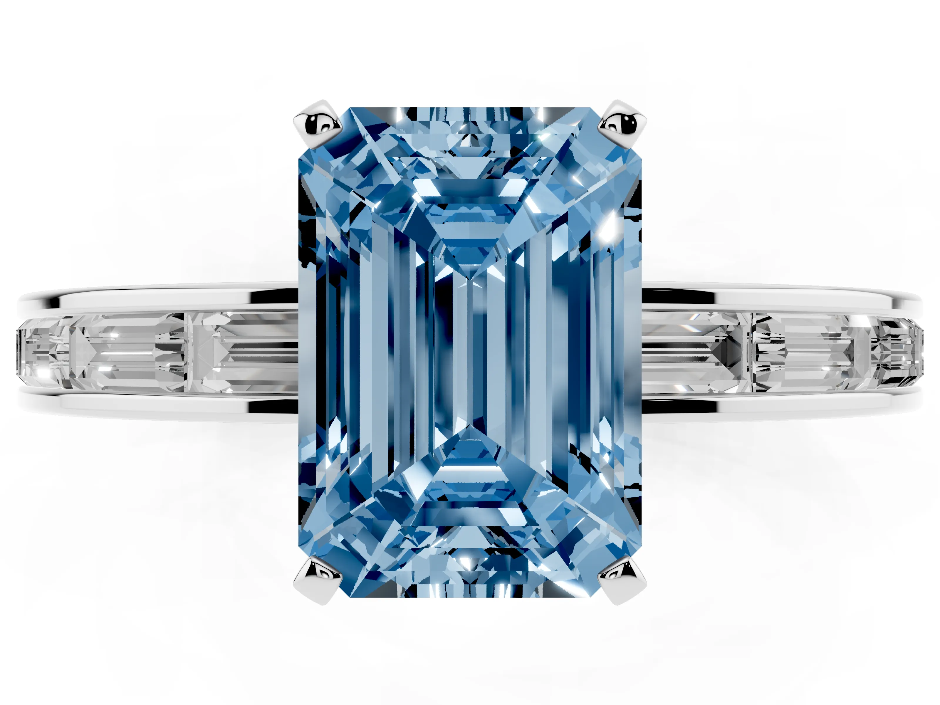 Fancy Blue Emerald Cut Diamond Solitaire Ring Set in White gold with Channel-Set Baguette Band and Prong Setting