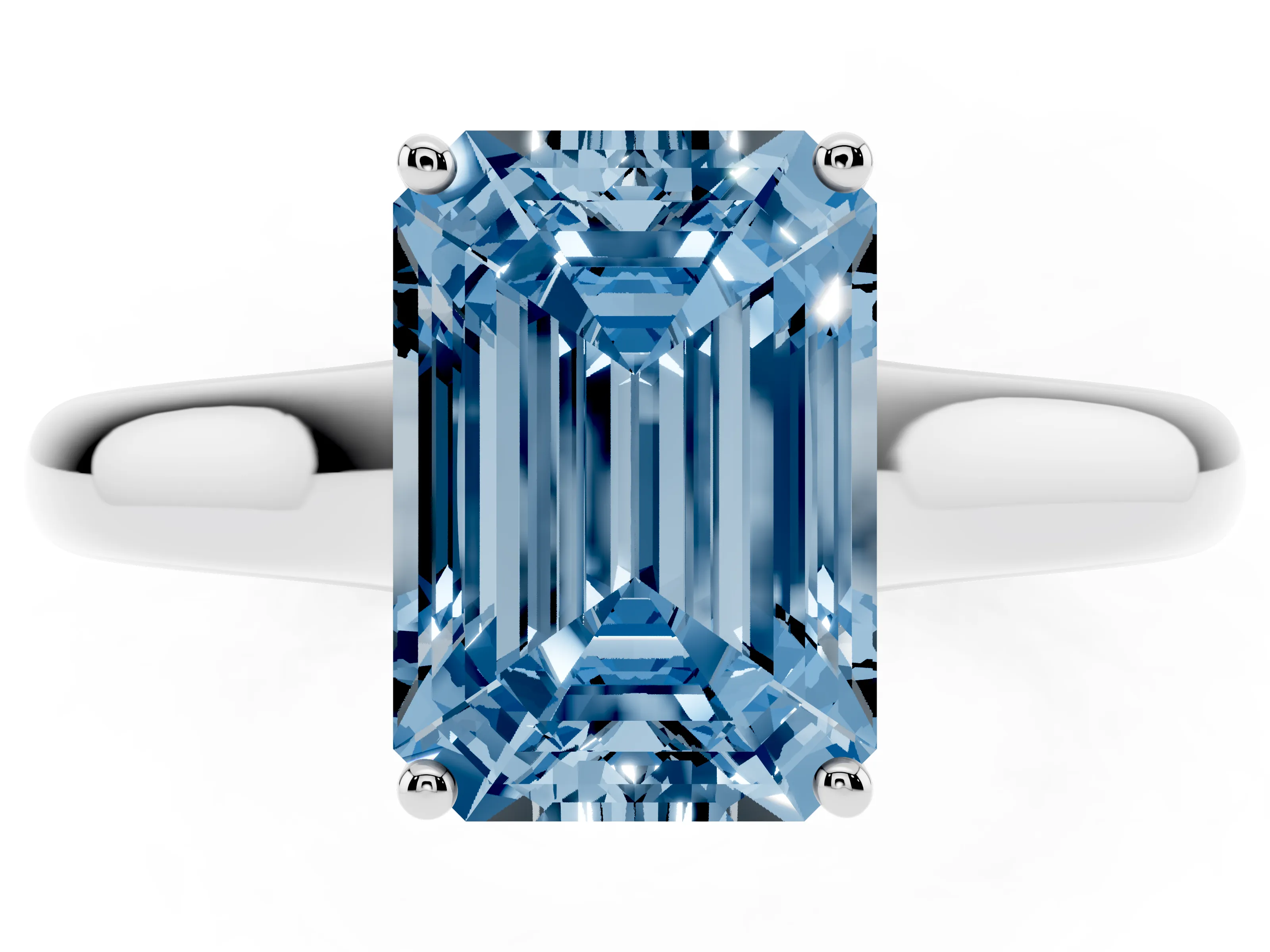Fancy Blue Emerald Cut Diamond Solitaire Engagement Ring Set in White gold with Subtly Tapered Band and Prong Setting