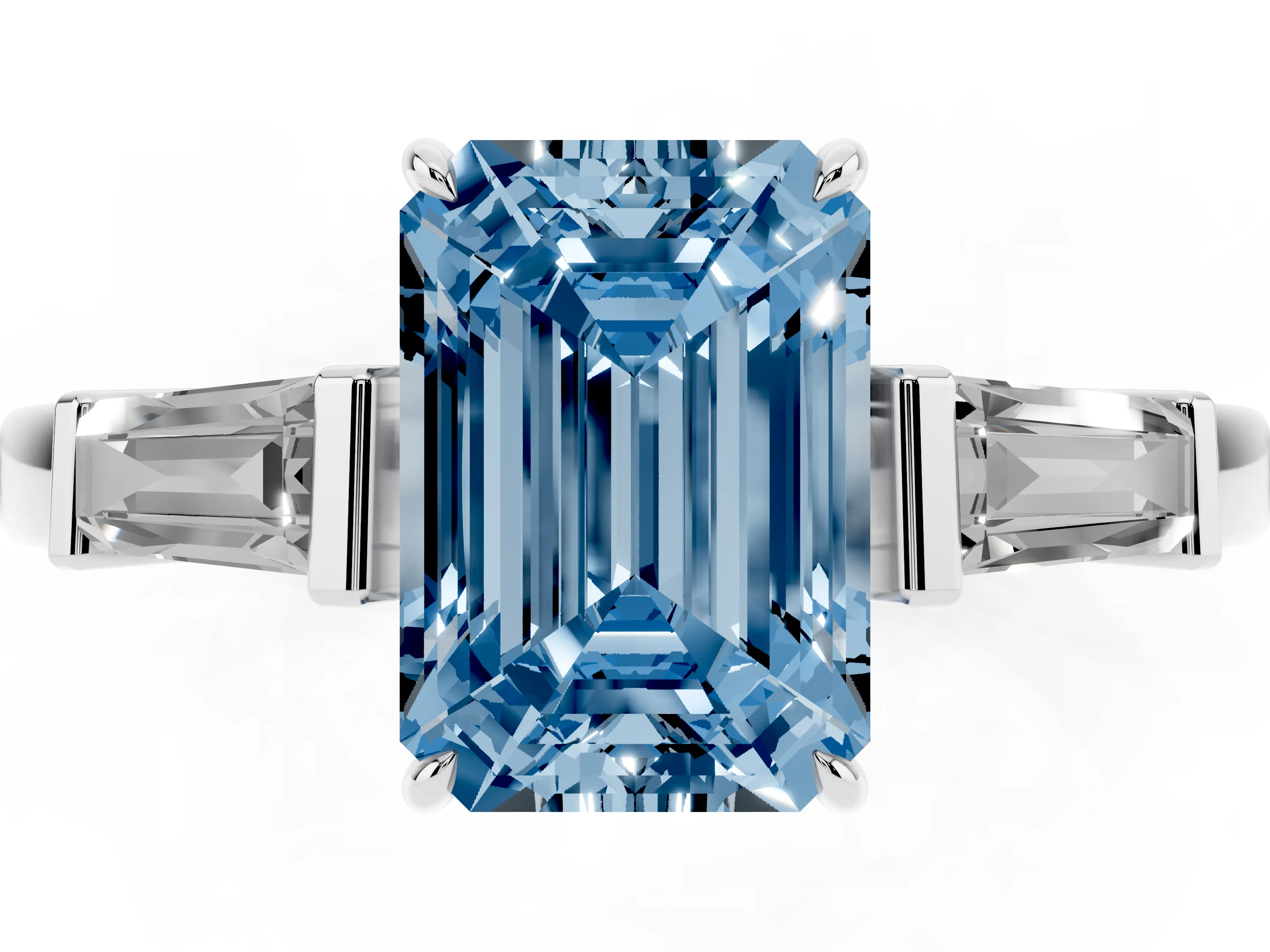 Fancy Blue Emerald Cut Diamond Three-Stone Ring Set in Platinum with Tapered Baguette Side Stones and Prong Setting