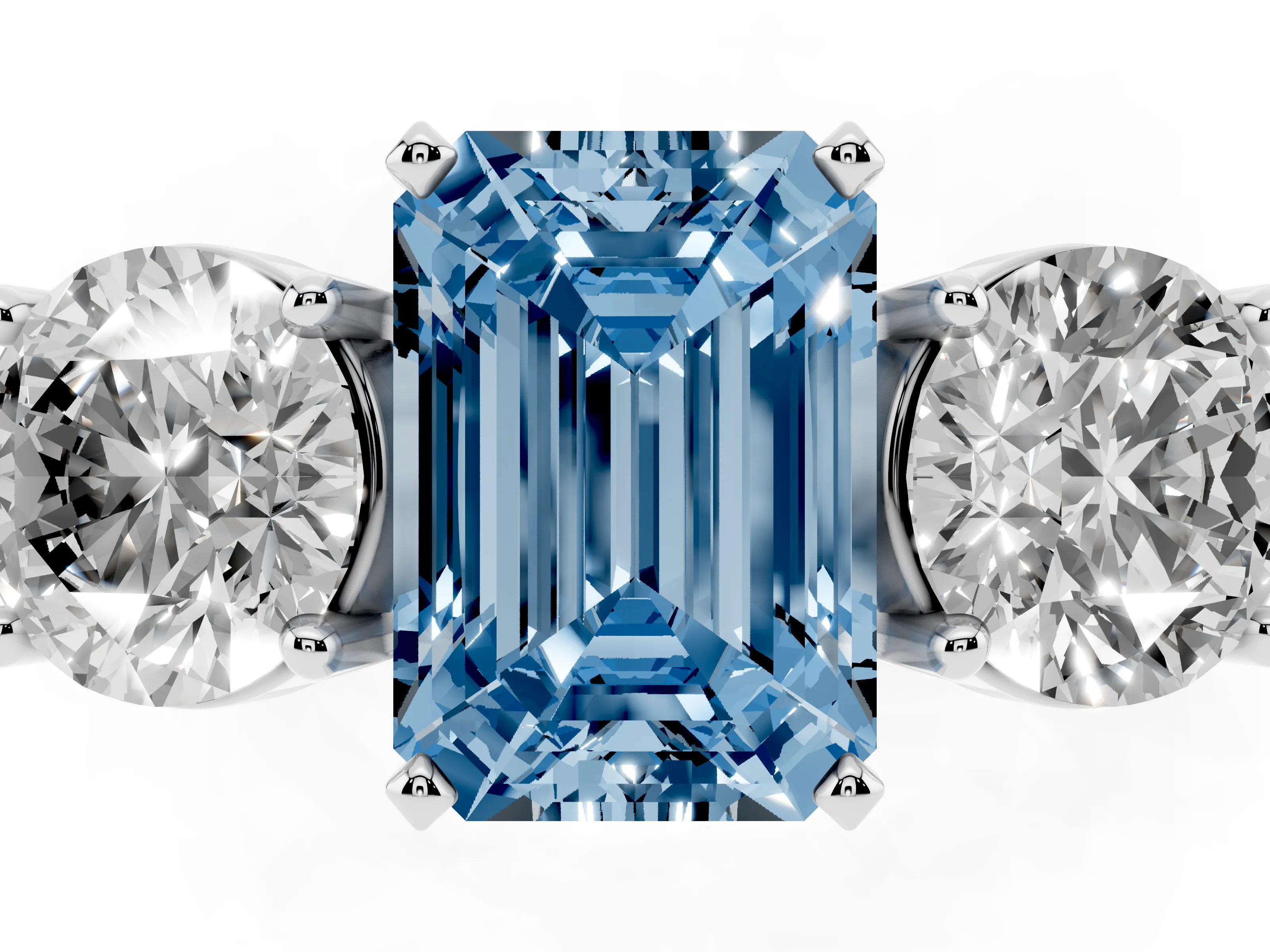 Fancy Blue Emerald Cut Diamond Three-Stone Ring Set in Platinum with Round Side Stones and Classic Band