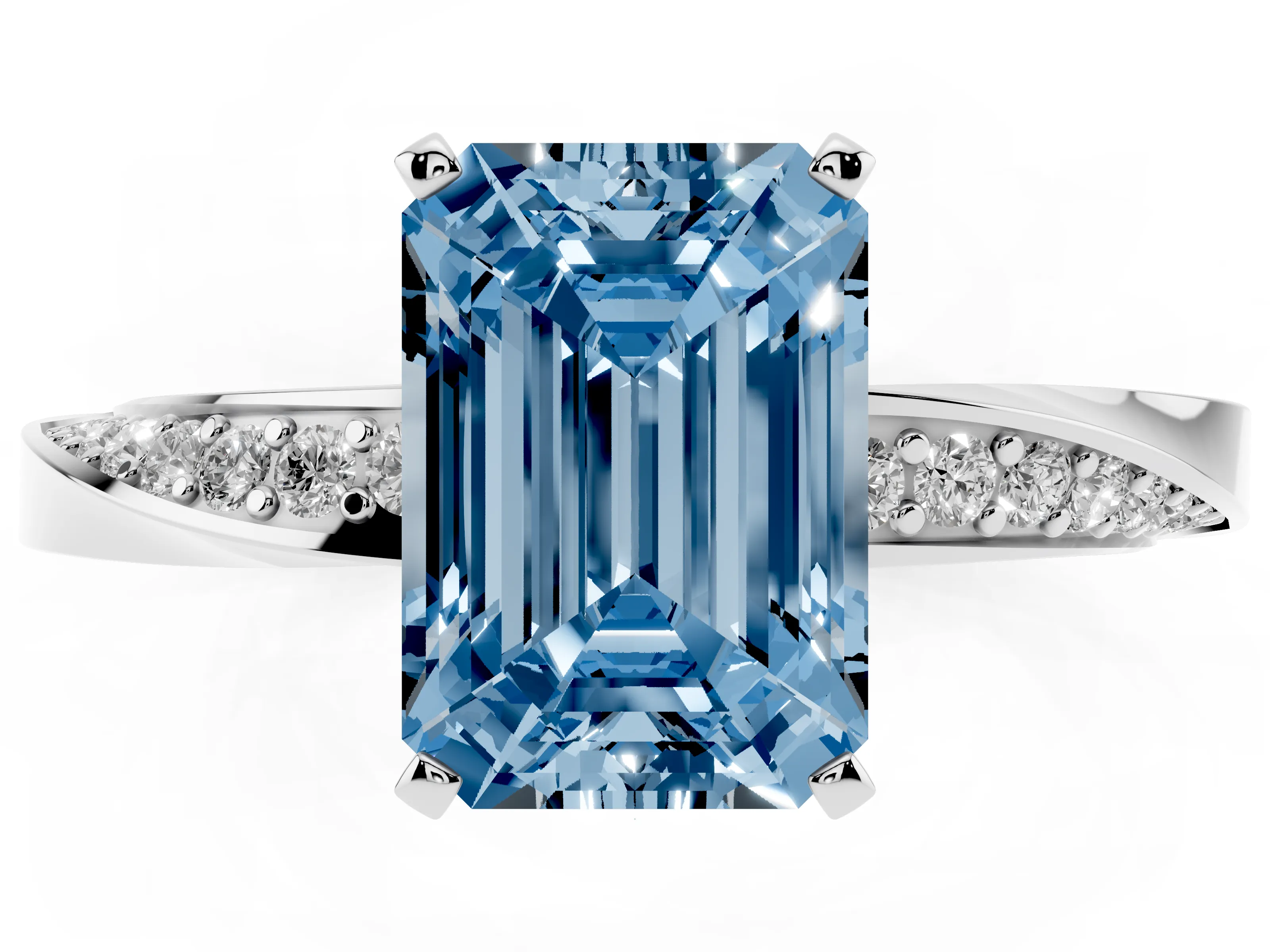 Fancy Blue Emerald Cut Diamond Engagement Ring Set in Silver with Side Stone Accents and Prong Setting