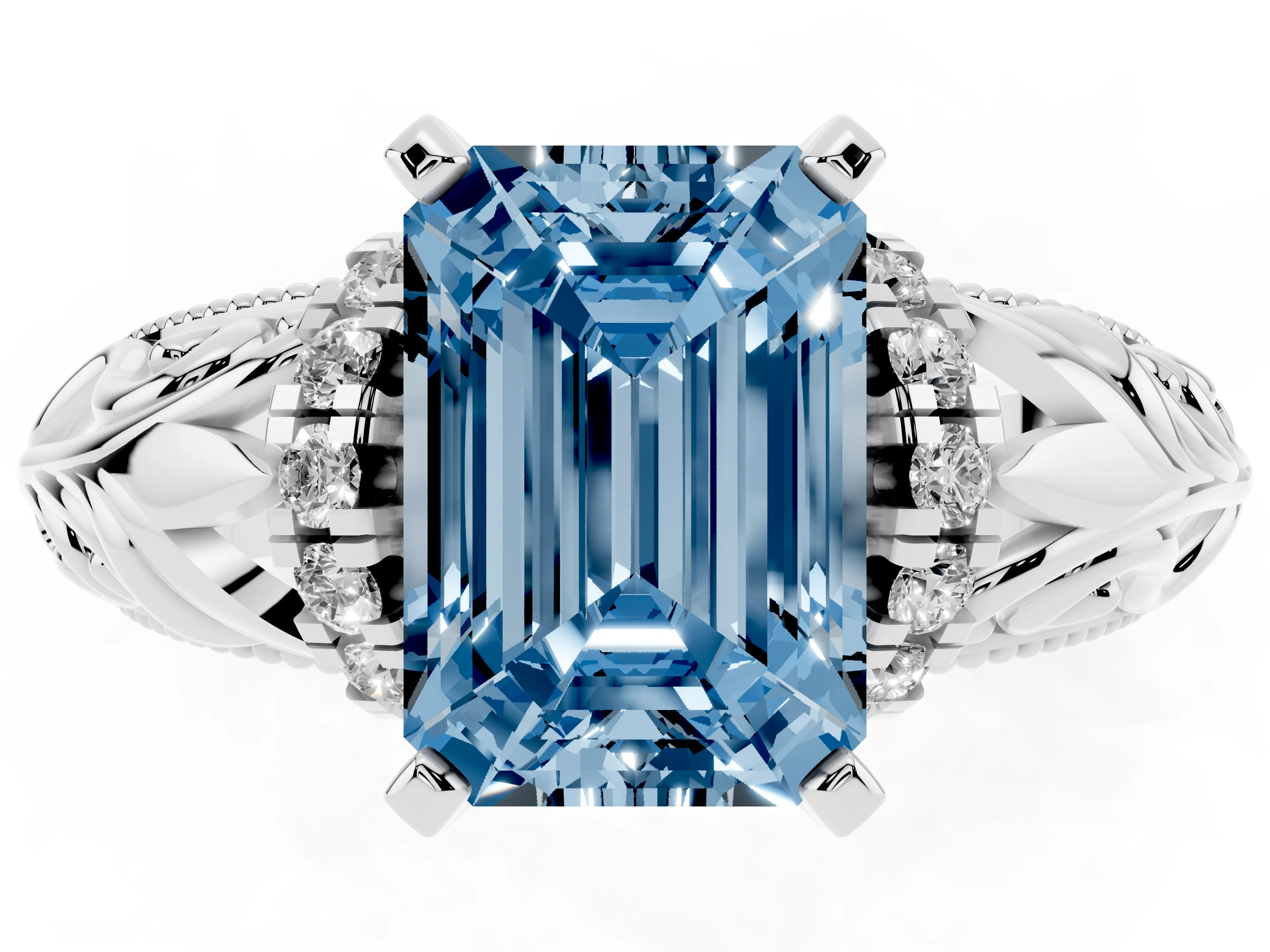Fancy Blue Emerald Cut Diamond Filigree Halo Engagement Ring Set in Platinum with Prong Setting