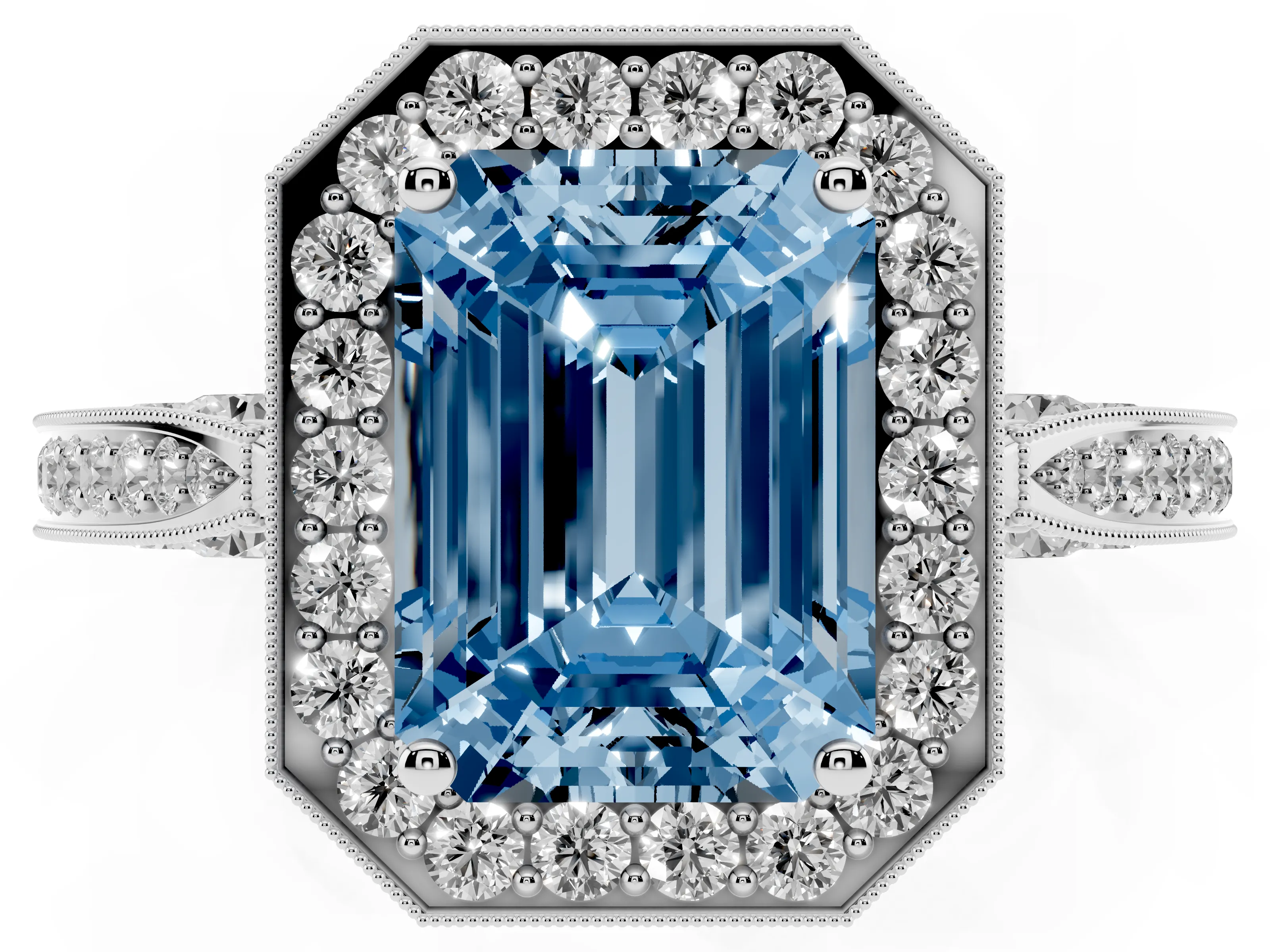 Fancy Blue Emerald Cut Diamond Halo Engagement Ring Set in Silver with Accent Split Shank Band