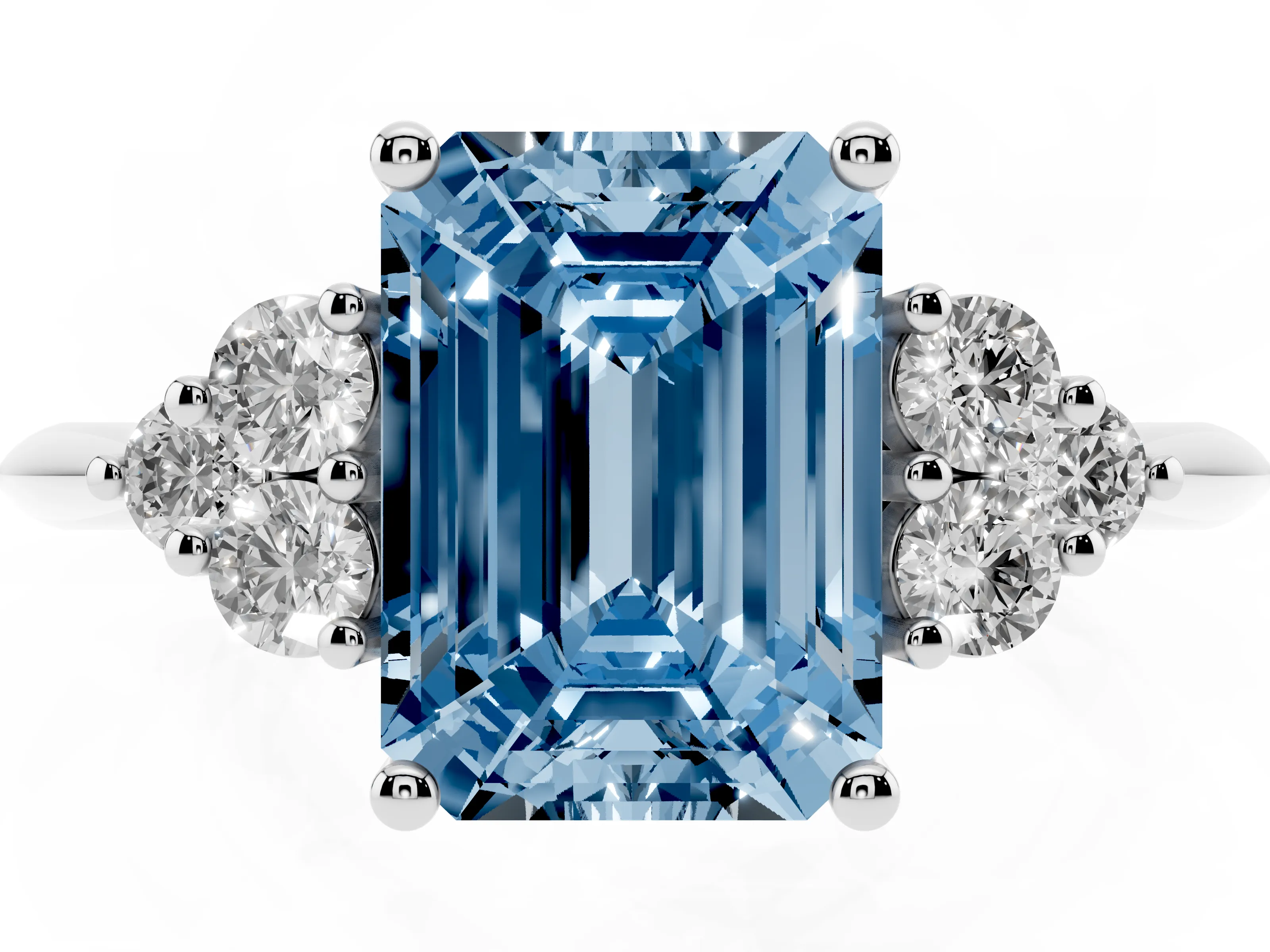 Fancy Blue Emerald Cut Diamond Cluster Ring Set in White gold with Plain Band and Prong Setting