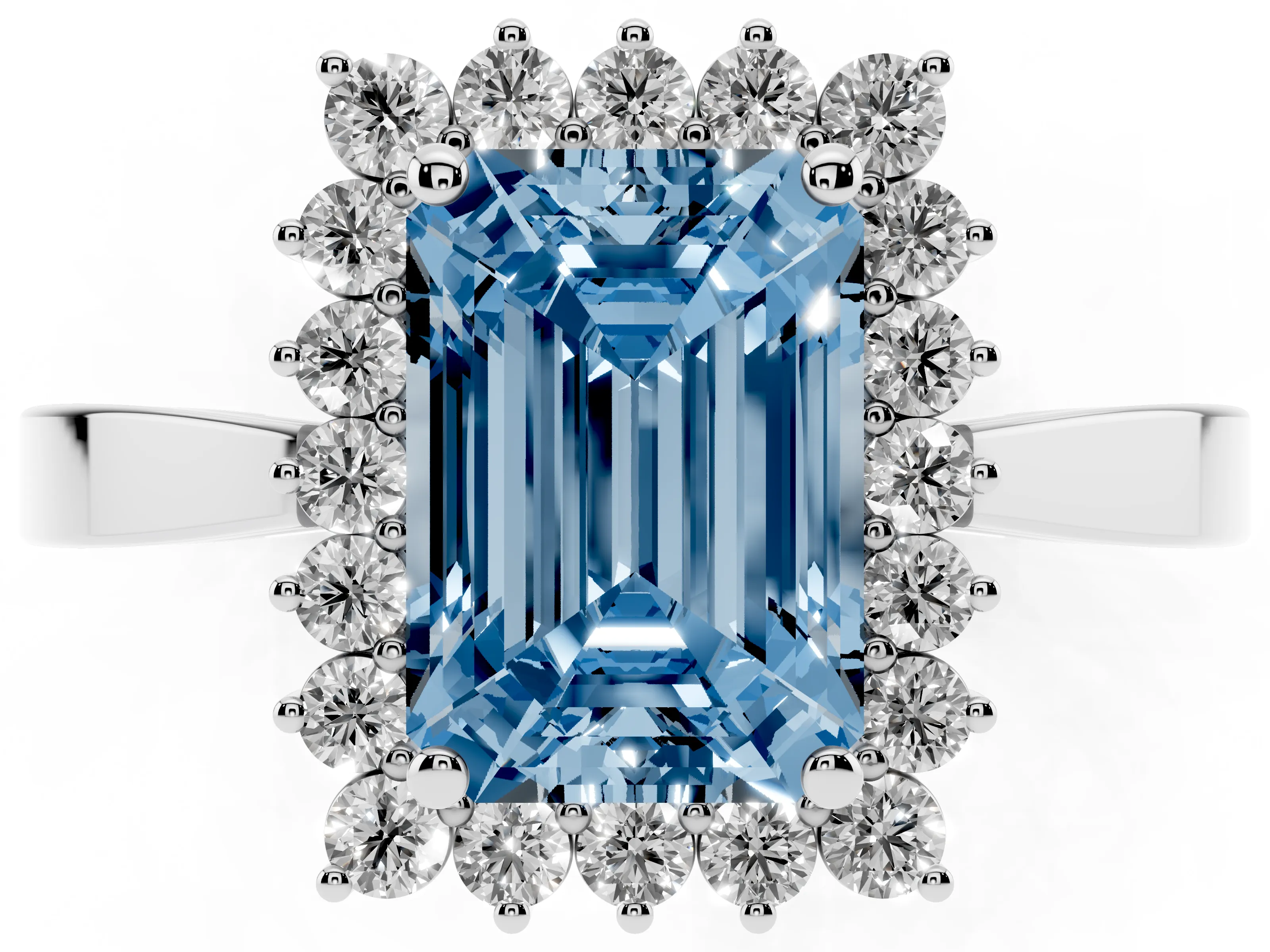 Fancy Blue Emerald Cut Diamond Halo Ring Set in Platinum with Round Halo and Smooth Solitaire Band