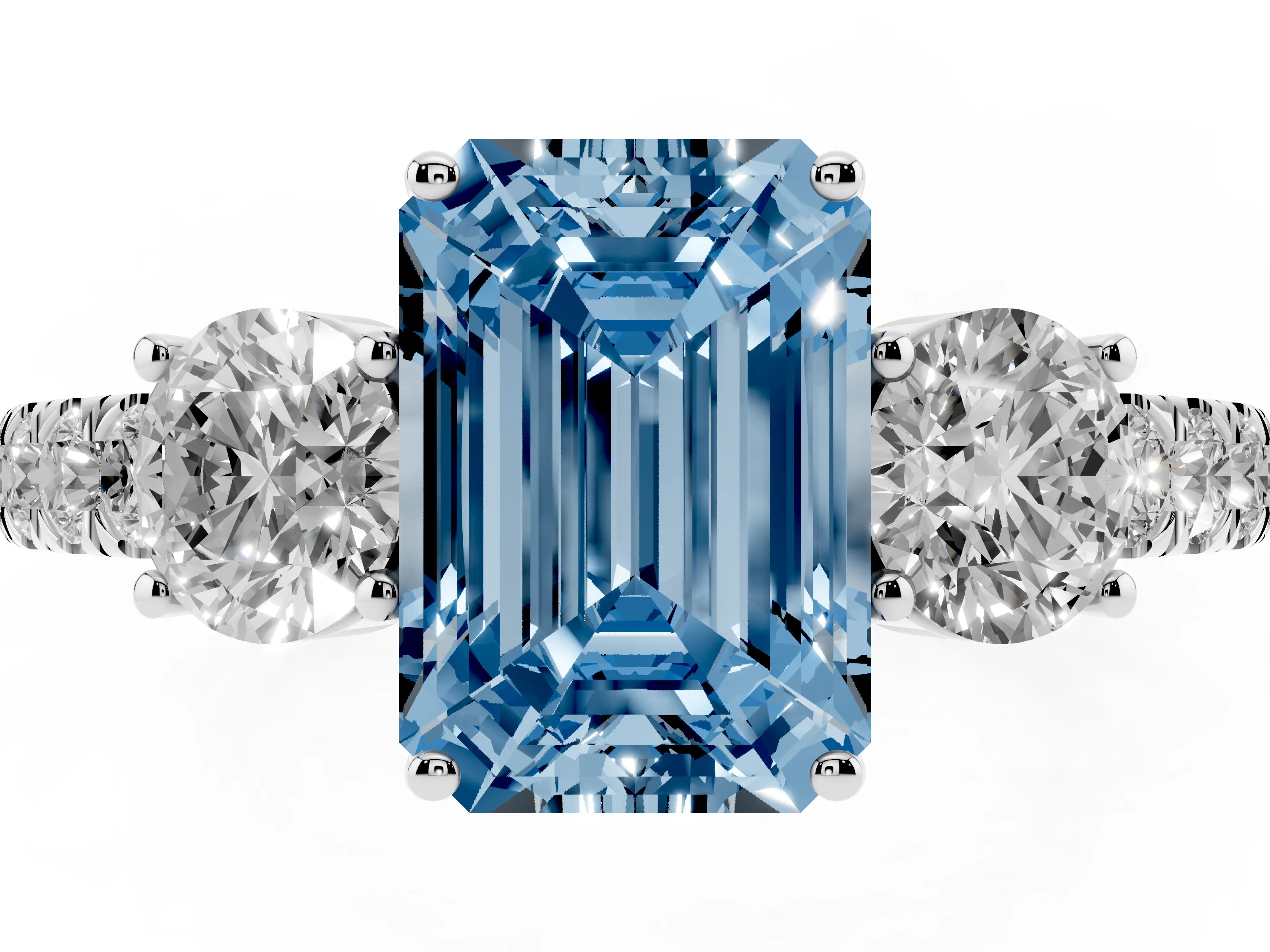 Fancy Blue Emerald Cut Diamond Three-Stone Ring Set in White gold with Round Side Stones and Delicate Pavé Band