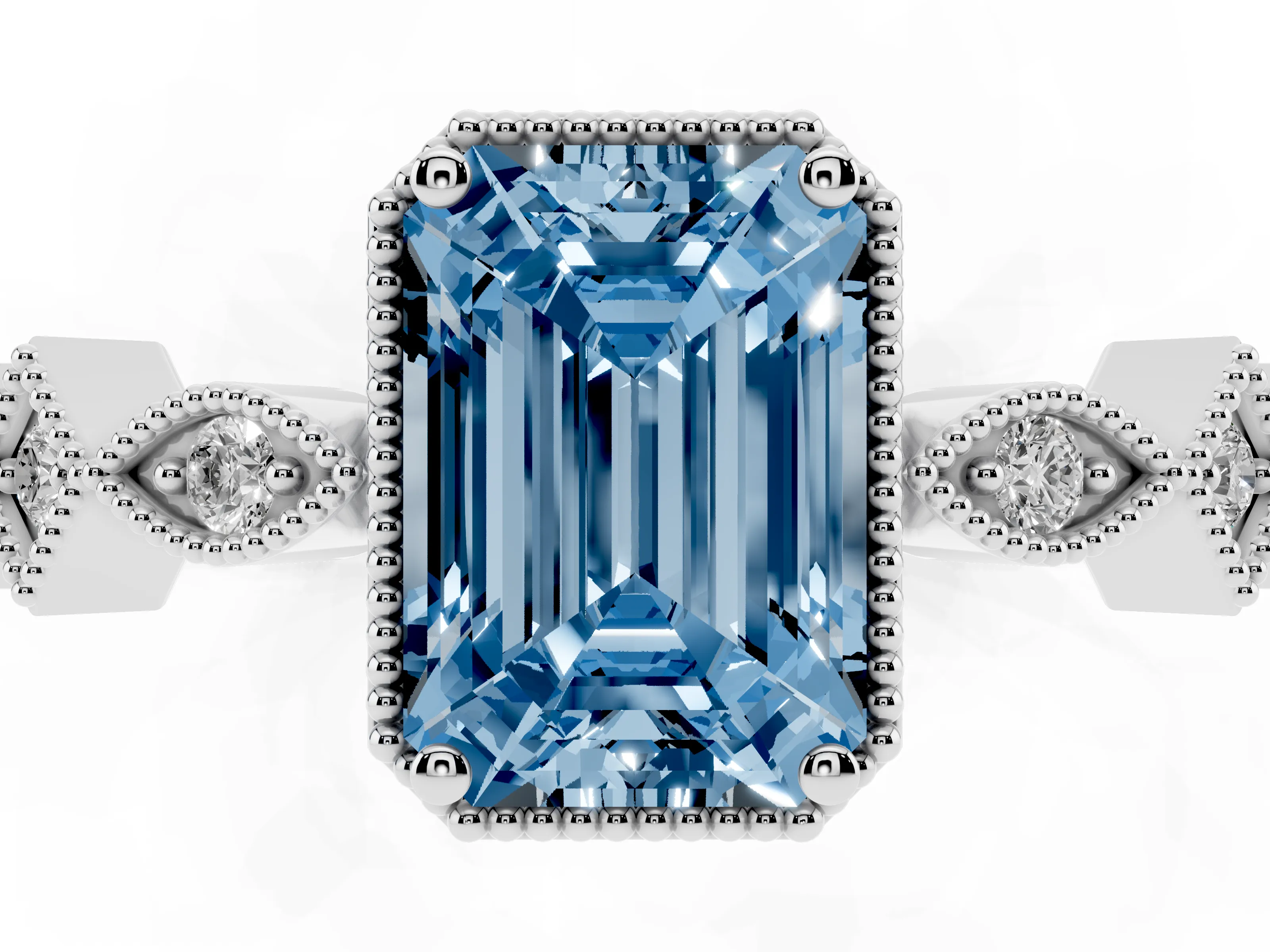 Fancy Blue Emerald Cut Diamond Milgrain Marquise Twist Band Ring Set in White gold with Prong Setting