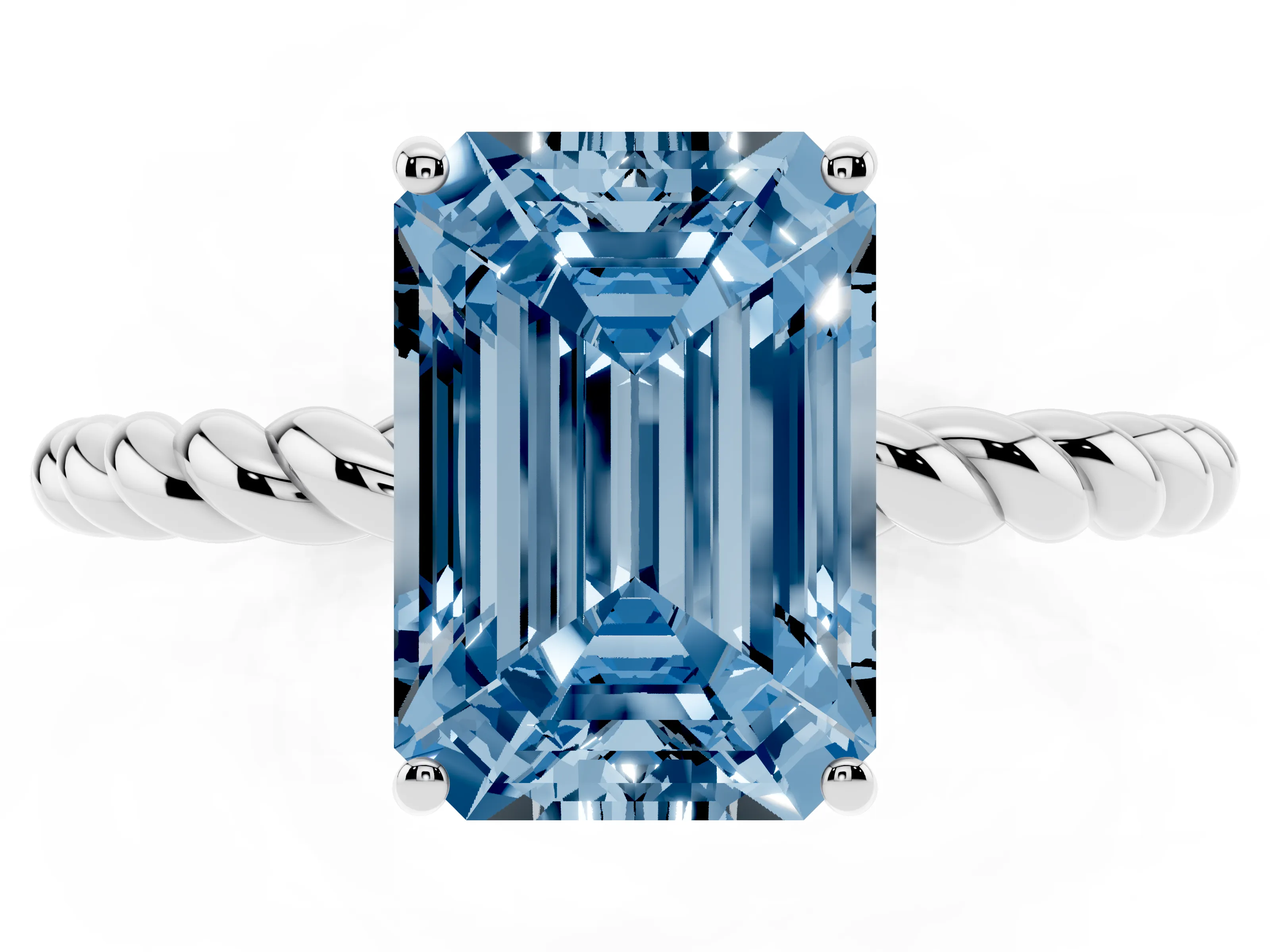 Fancy Blue Emerald Cut Diamond Solitaire Ring Set in Platinum with Twist Band and Prong Setting