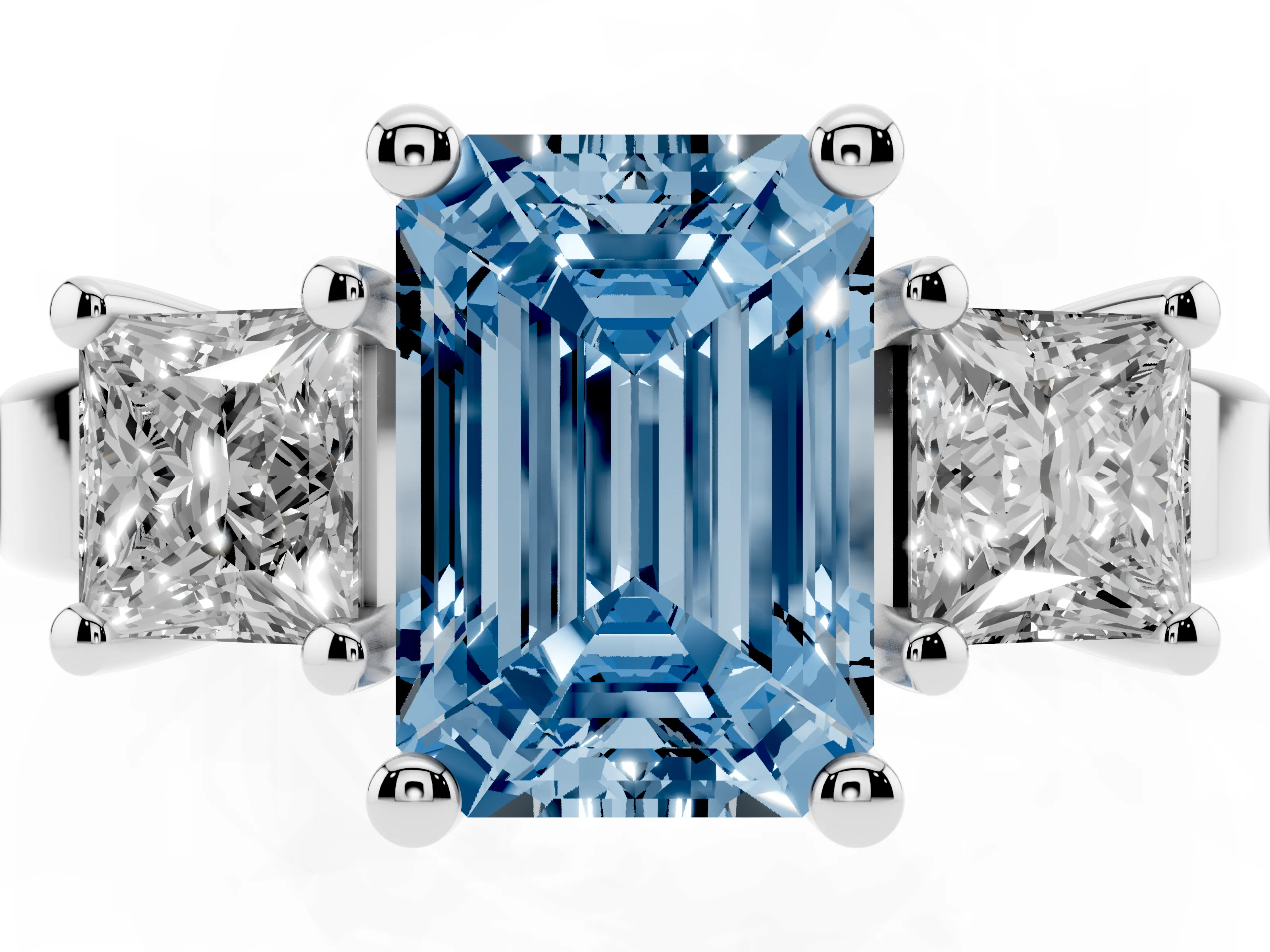 Fancy Blue Three-Stone Emerald Cut Diamond Solitaire Ring Set in Platinum with Prong Setting