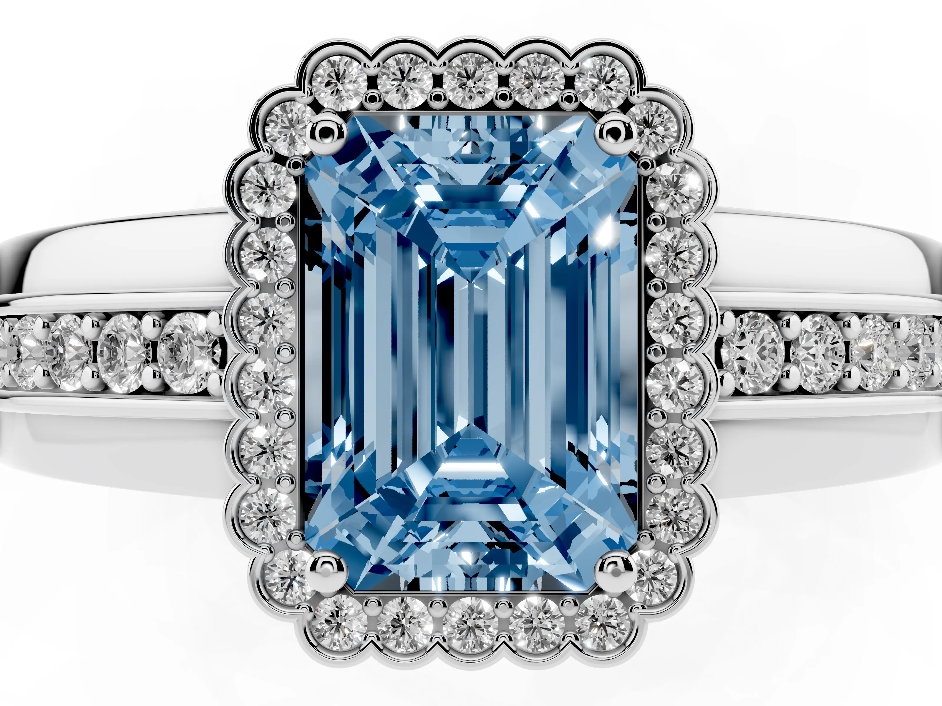 Fancy Blue Emerald Cut Diamond Halo Prong Ring Set in White gold with Pavé Band
