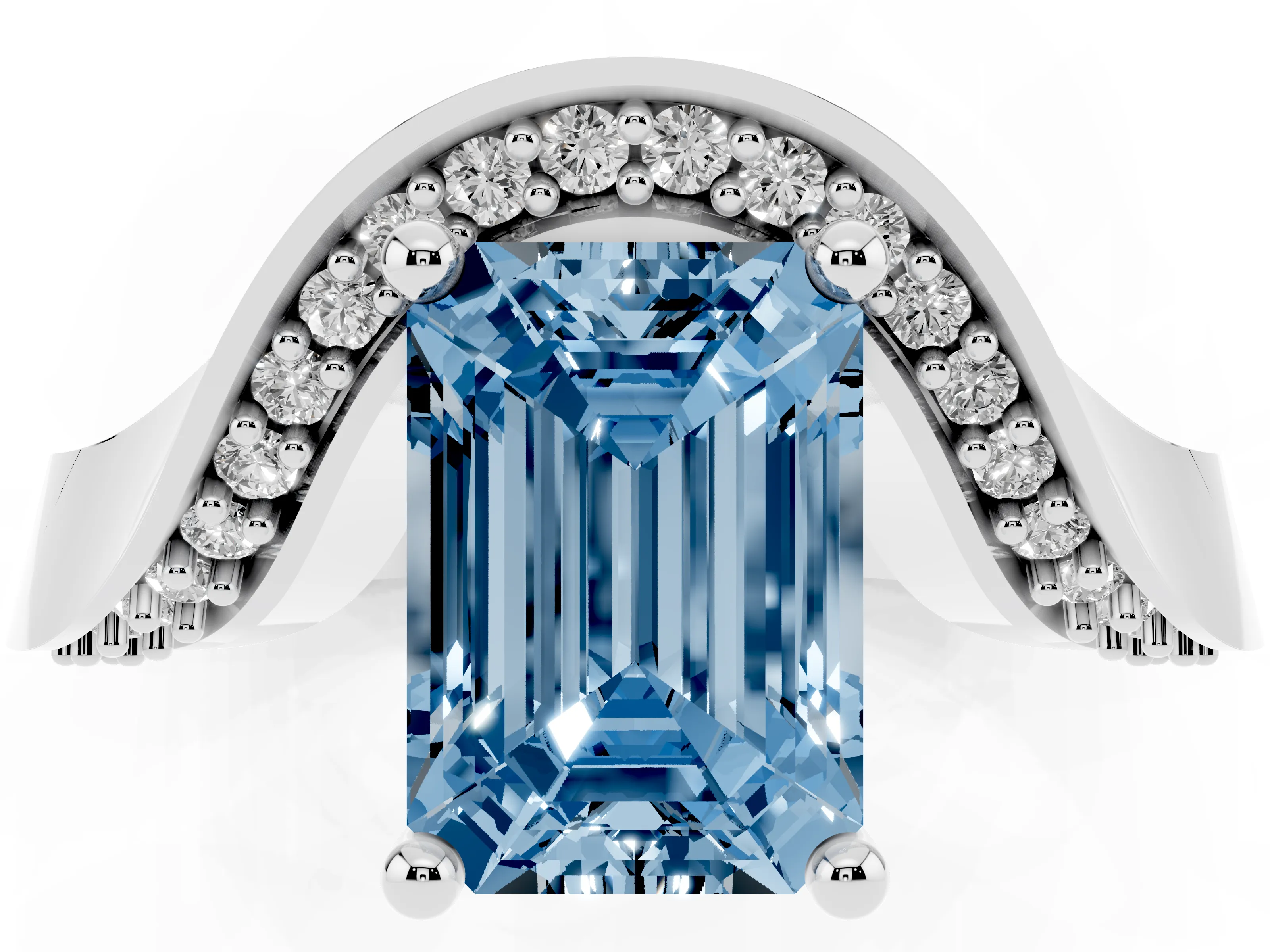 Fancy Blue Emerald Cut Diamond Solitaire Engagement Ring Set in Silver with Pavé Shoulders