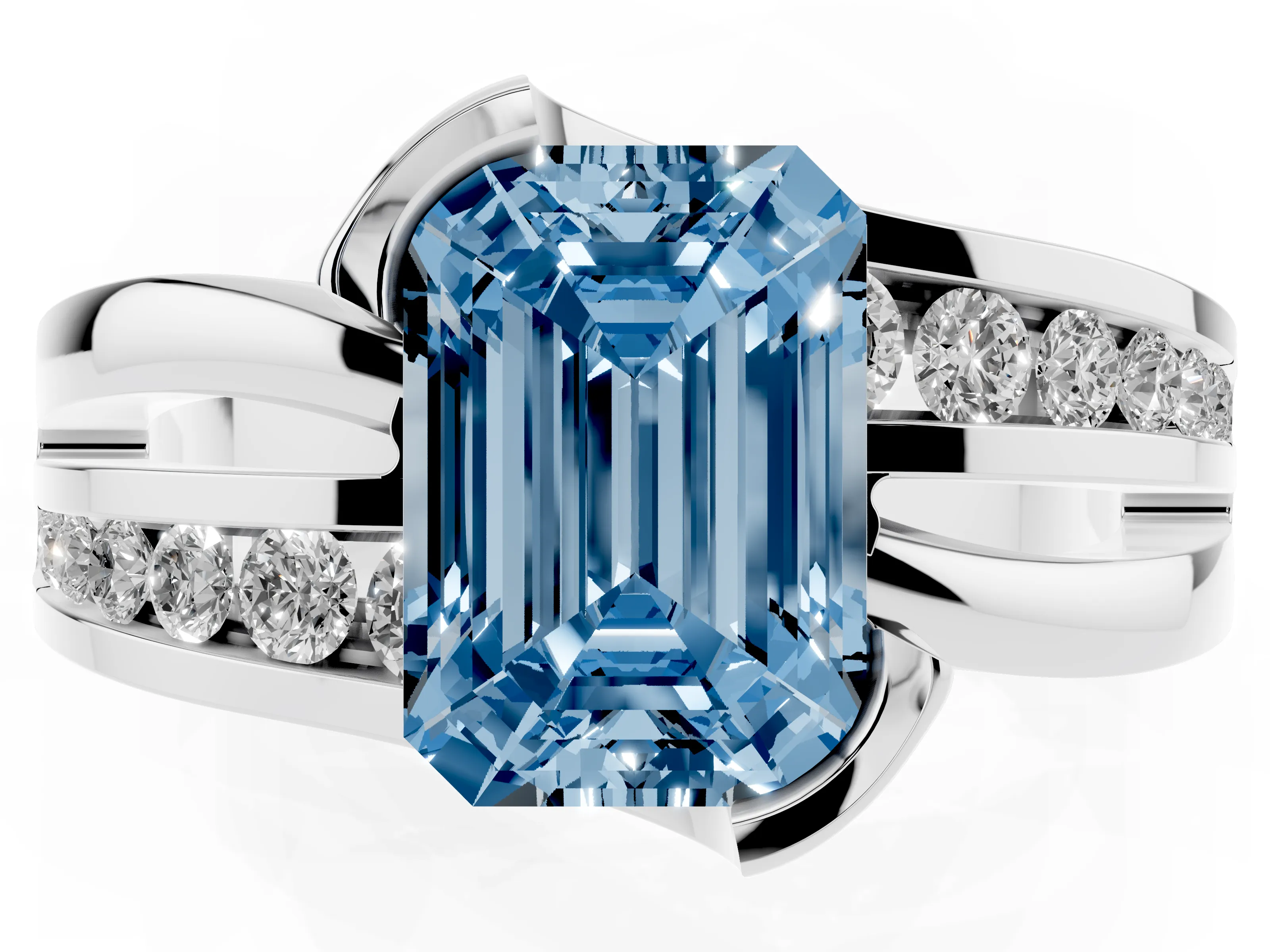 Fancy Blue Emerald Cut Diamond Solitaire Ring Set in White gold with Channel Set Split Shank and Tension Prongs